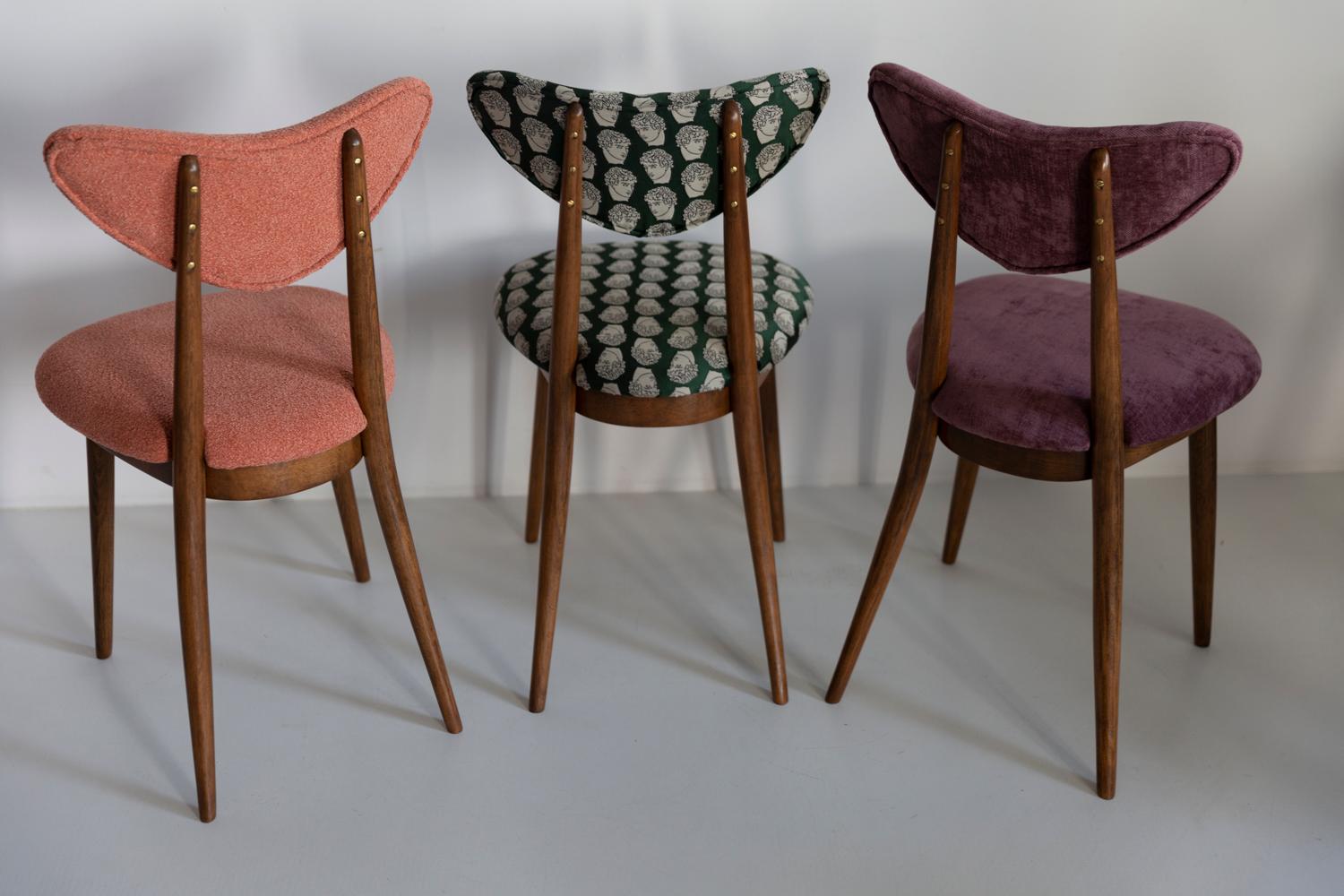 20th Century Set of Eight Midcentury Violet Velvet, Walnut Wood Heart Chairs, Europe, 1960 For Sale