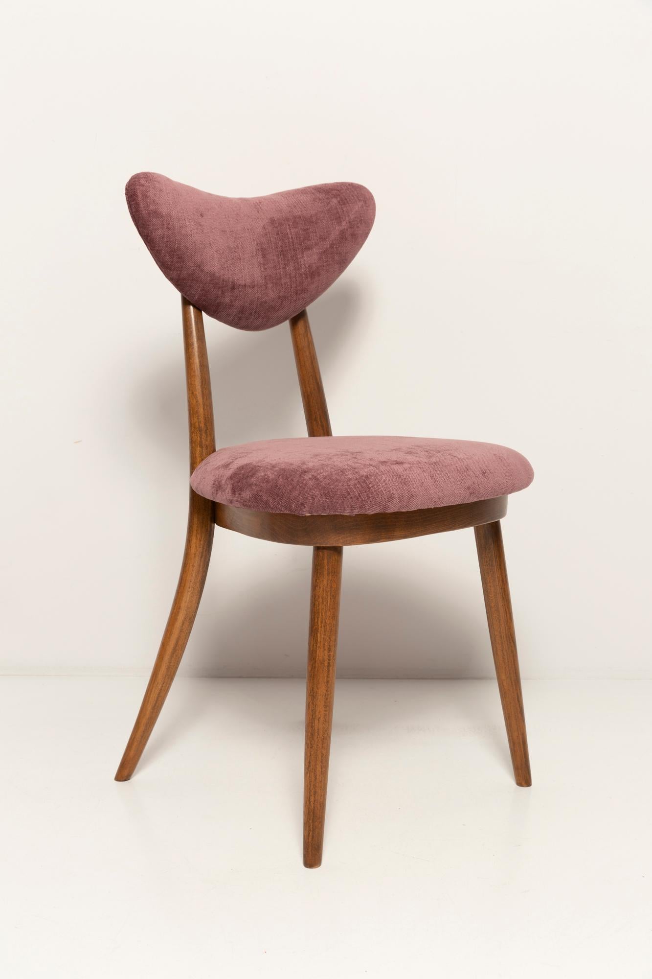 Set of Eight Midcentury Violet Velvet, Walnut Wood Heart Chairs, Europe, 1960 For Sale 1