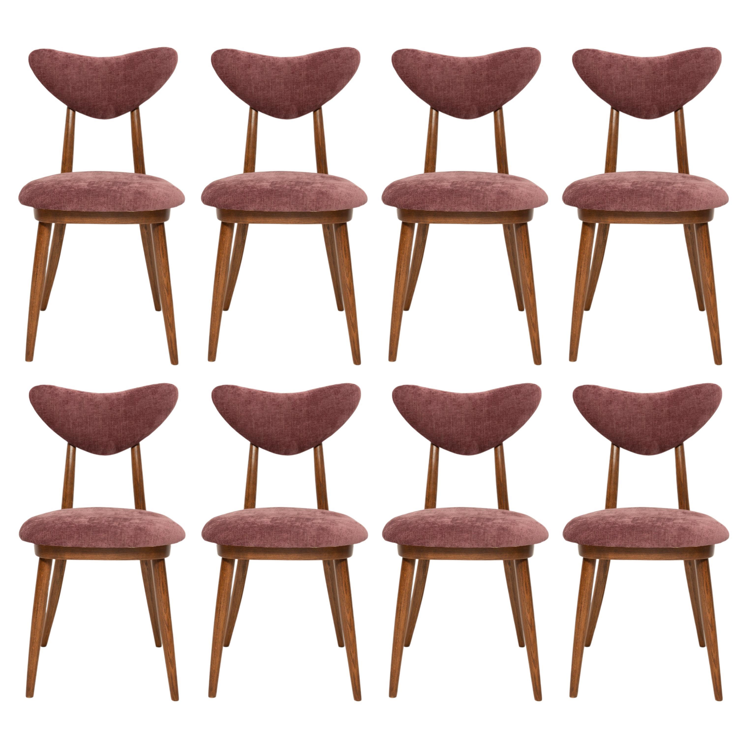 Set of Eight Midcentury Violet Velvet, Walnut Wood Heart Chairs, Europe, 1960