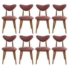 Vintage Set of Eight Midcentury Violet Velvet, Walnut Wood Heart Chairs, Europe, 1960