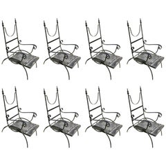 Set of Eight Mid Century Wrought Iron High Back Lounge Chairs, Italy