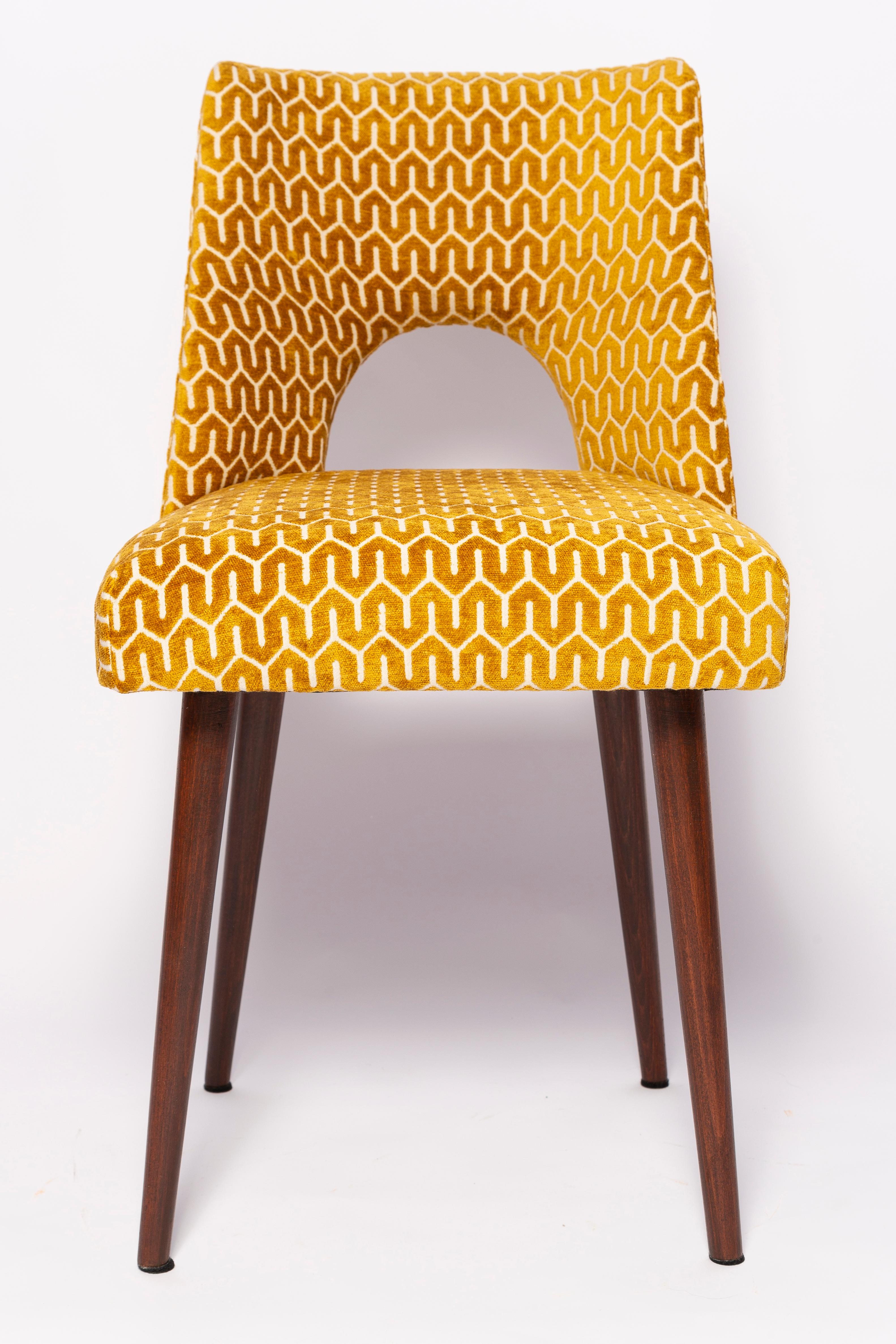 Textile Set of Eight Mid-Century Yellow Mustard 'Shell' Chairs, Europe, 1960s For Sale
