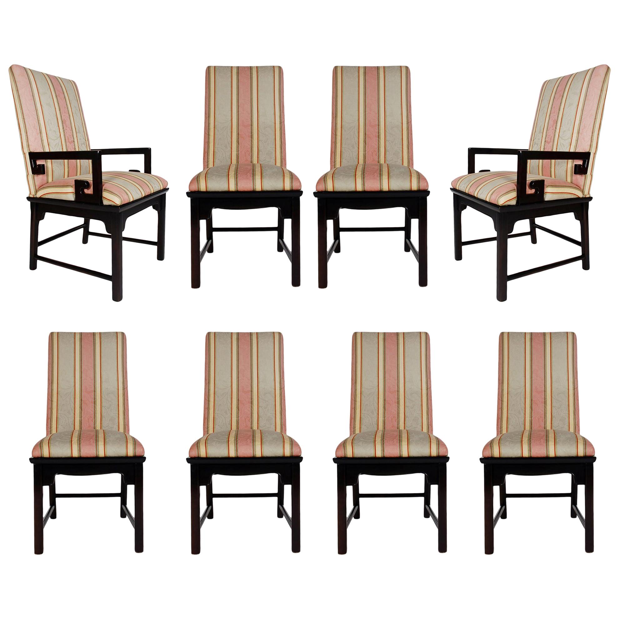 Set of Eight Midcentury Asian Modern Upholstered Chinoiserie Dining Chairs For Sale