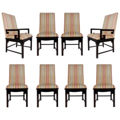 Vintage Set of Eight Midcentury Asian Modern Upholstered Chinoiserie Dining Chairs