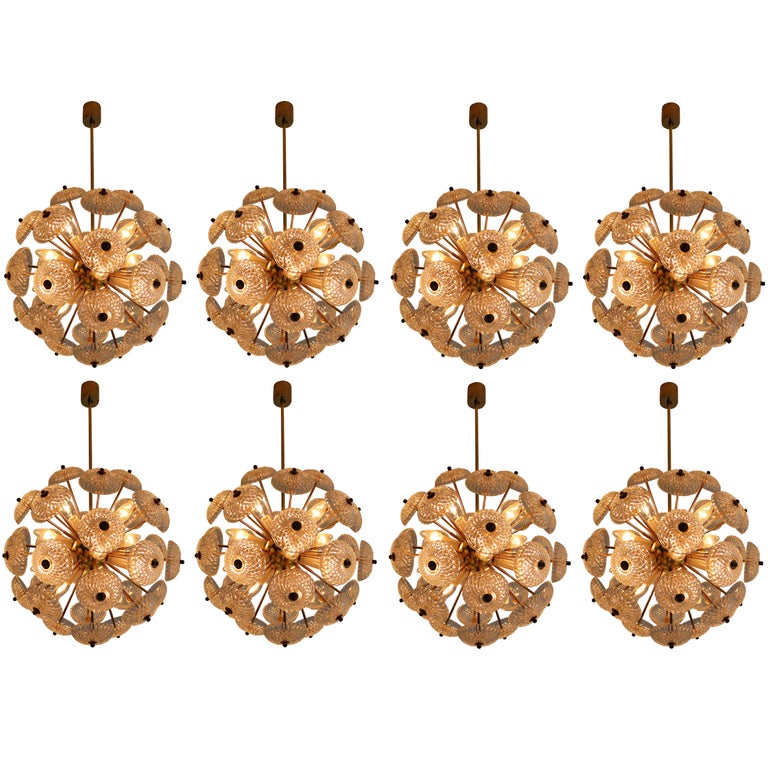Set of Eight Midcentury Brass Floral Chandeliers in the Style of Emil Stejnar For Sale