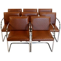 Set of Eight Midcentury Brown Leather and Chrome Cantilever Chairs