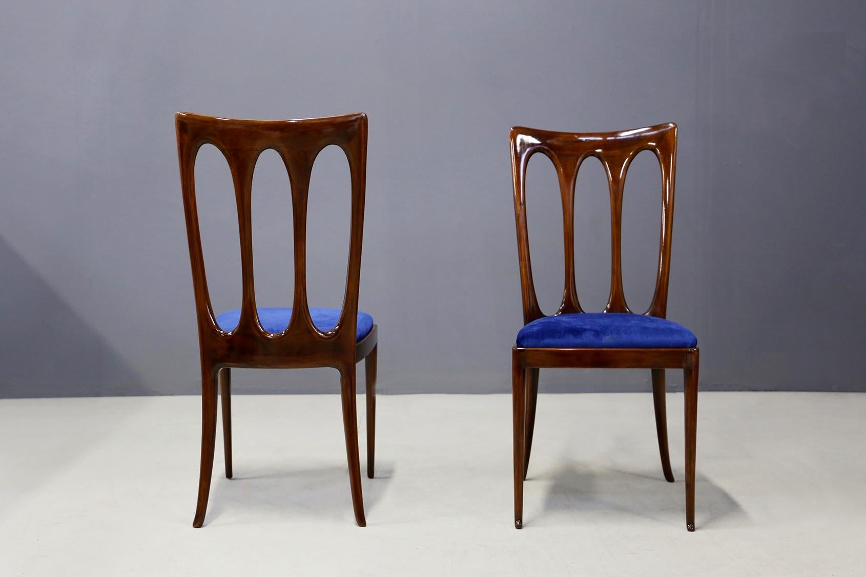 Set of Eight Midcentury Chairs by William Ulrich Restored in Blue Velvet, 1950s 1