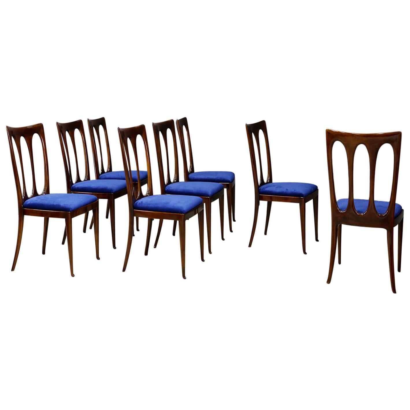 Set of Eight Midcentury Chairs by William Ulrich Restored in Blue Velvet, 1950s