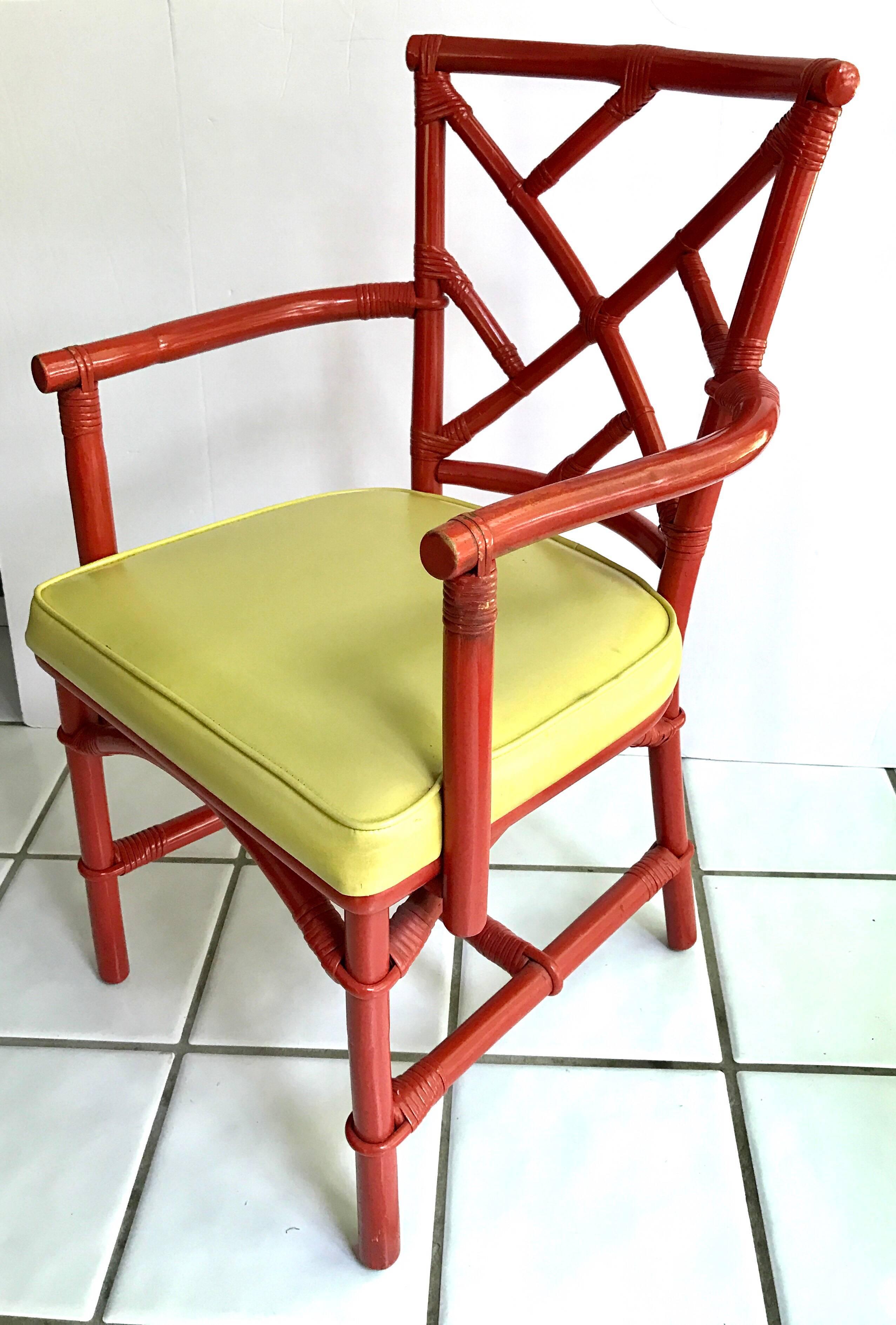 Mid-Century Modern Set of Eight Midcentury DIA Bamboo Rattan Chinese Chippendale Red Chairs