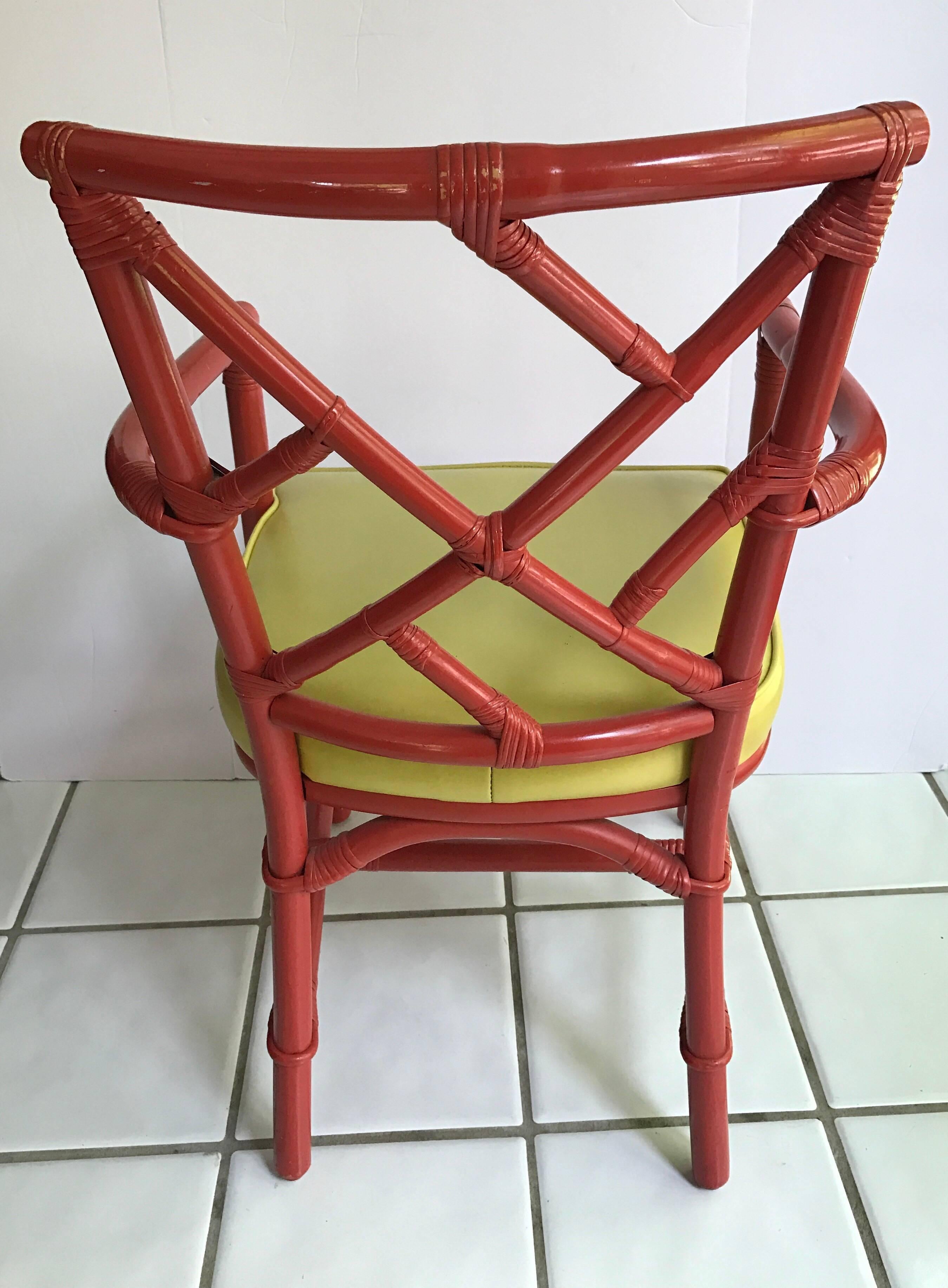 Fabric Set of Eight Midcentury DIA Bamboo Rattan Chinese Chippendale Red Chairs