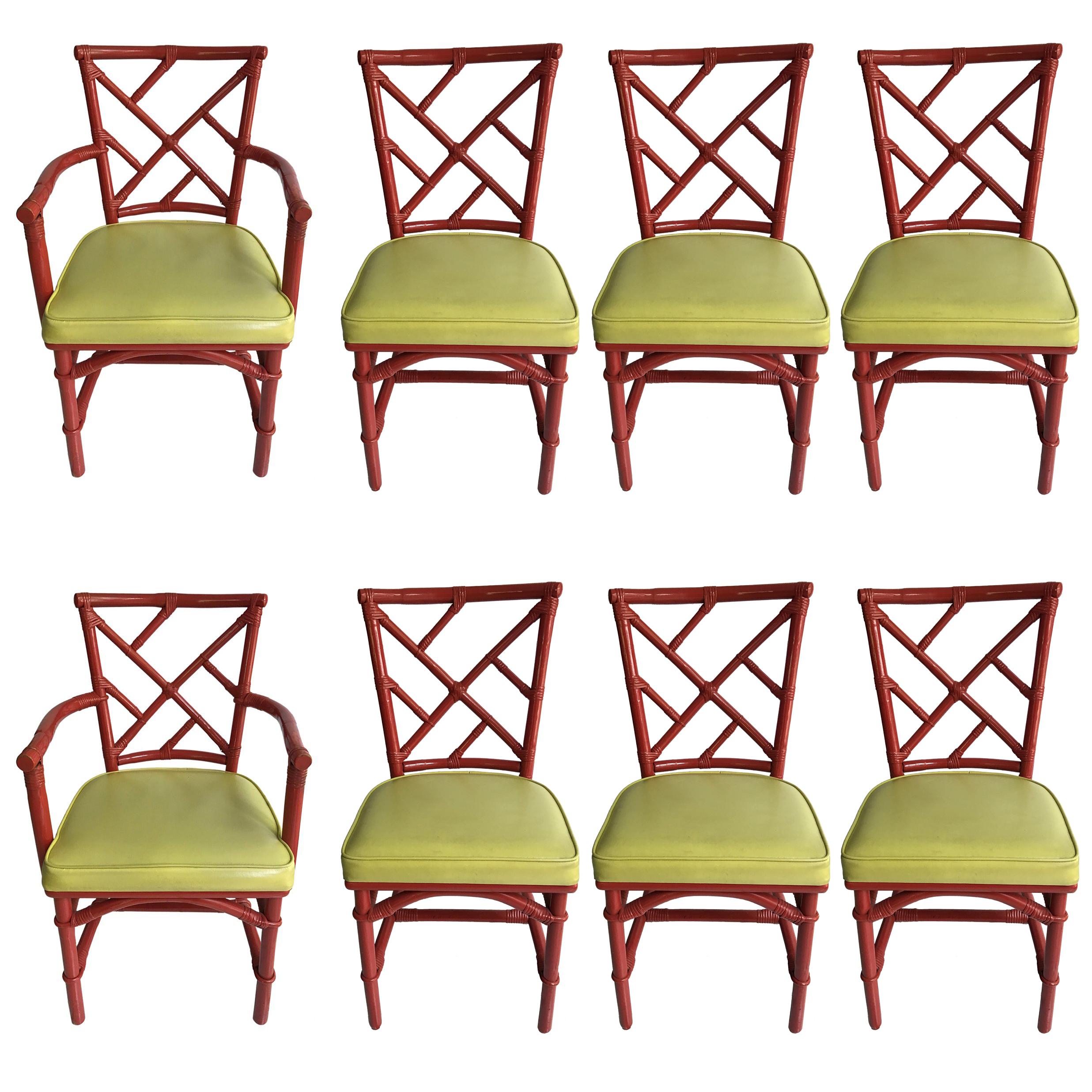 Set of Eight Midcentury DIA Bamboo Rattan Chinese Chippendale Red Chairs