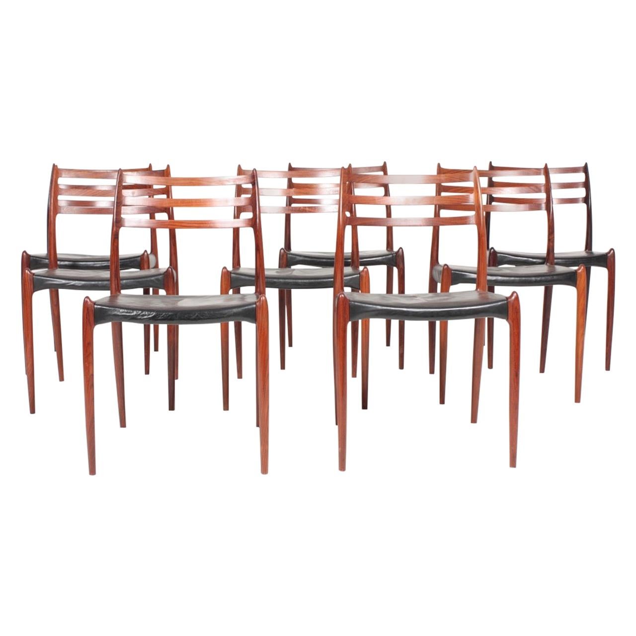 Set of Eight Midcentury Dining Chairs in Rosewood byMøller, Danish Design, 1960s