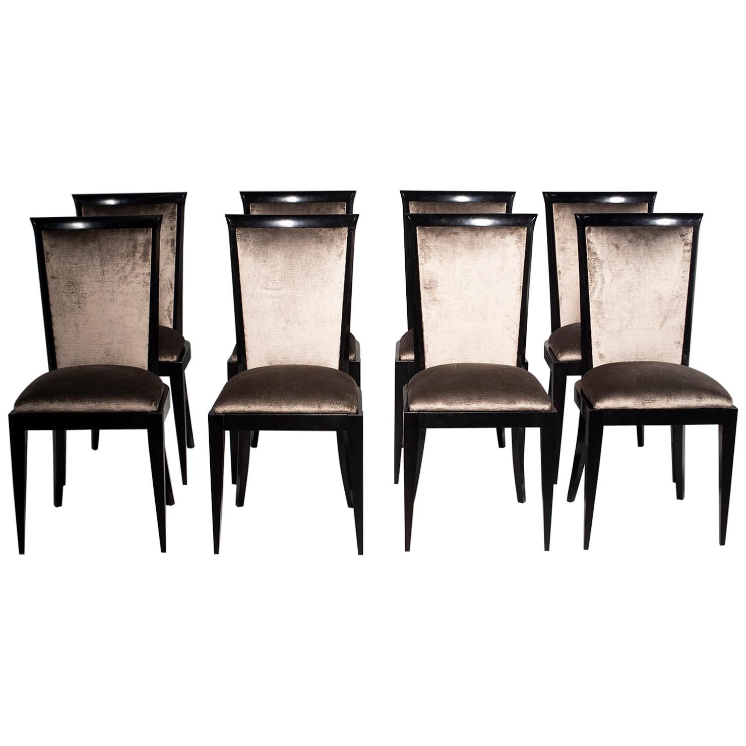 Set of Eight Midcentury Ebonized Dining Chairs with New Upholstery
