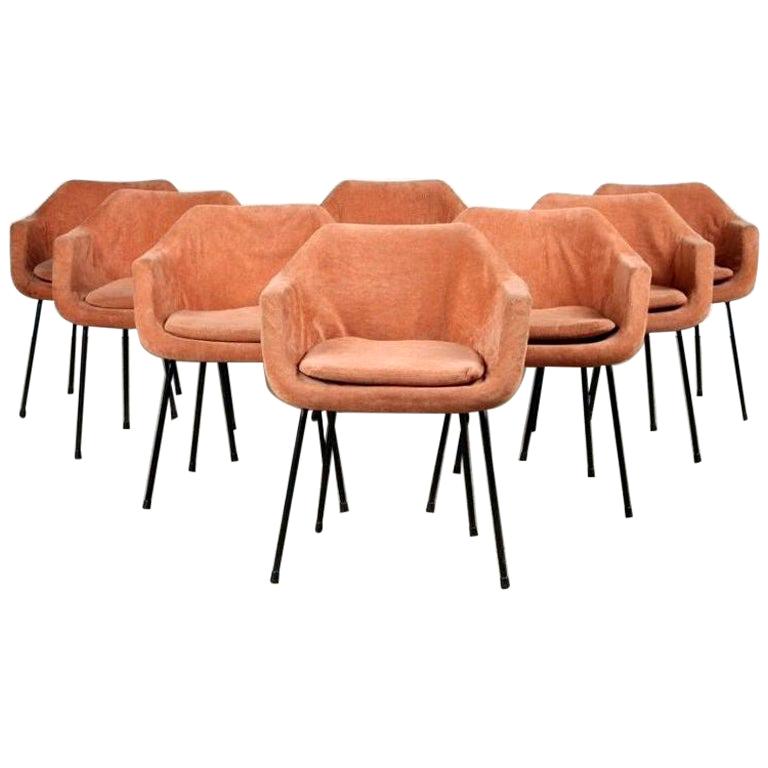 Set of Eight Midcentury Orange Upholstered Eames Chairs with Black Iron Bases
