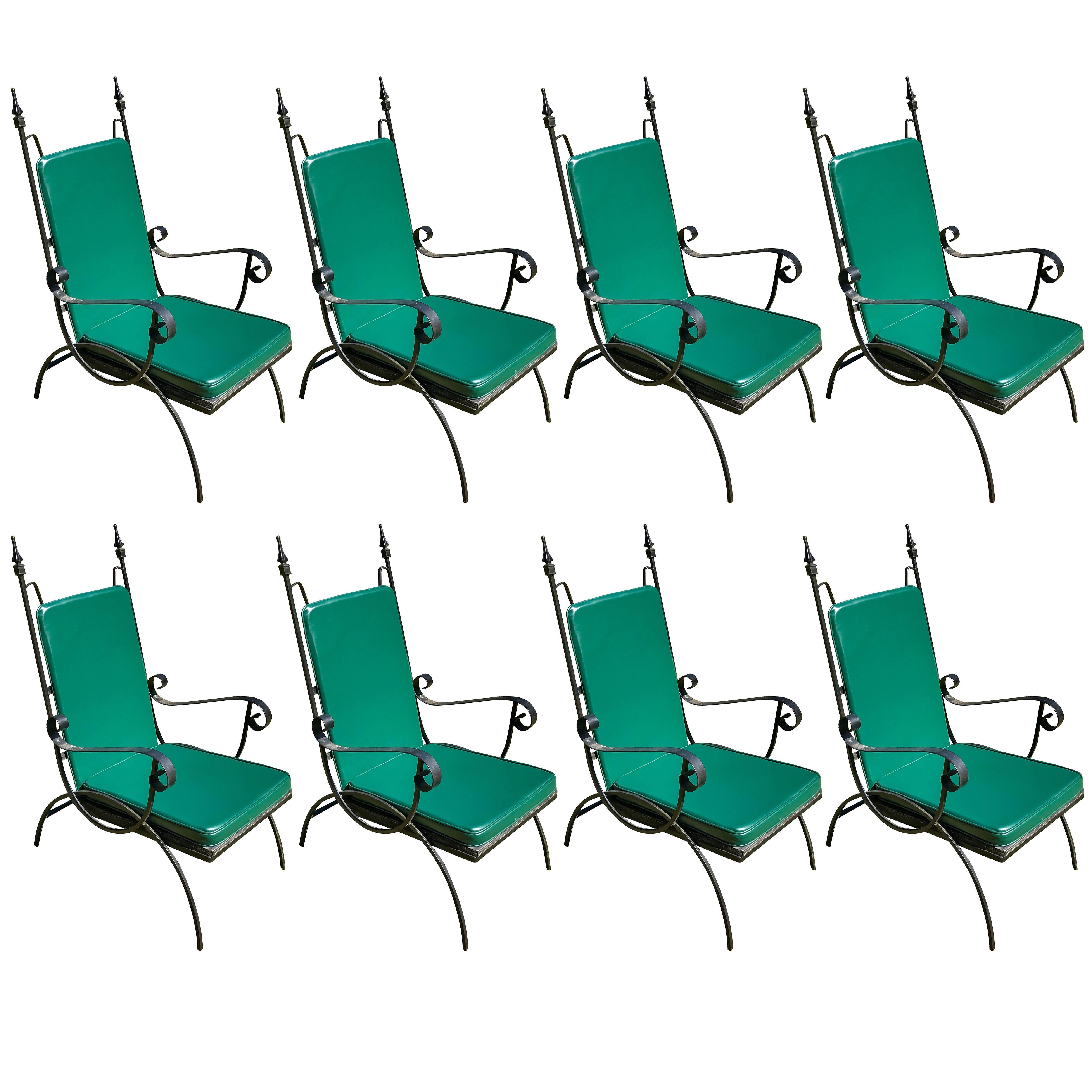 Set of Eight Mid Century Wrought Iron High Back Lounge Chairs, Italy