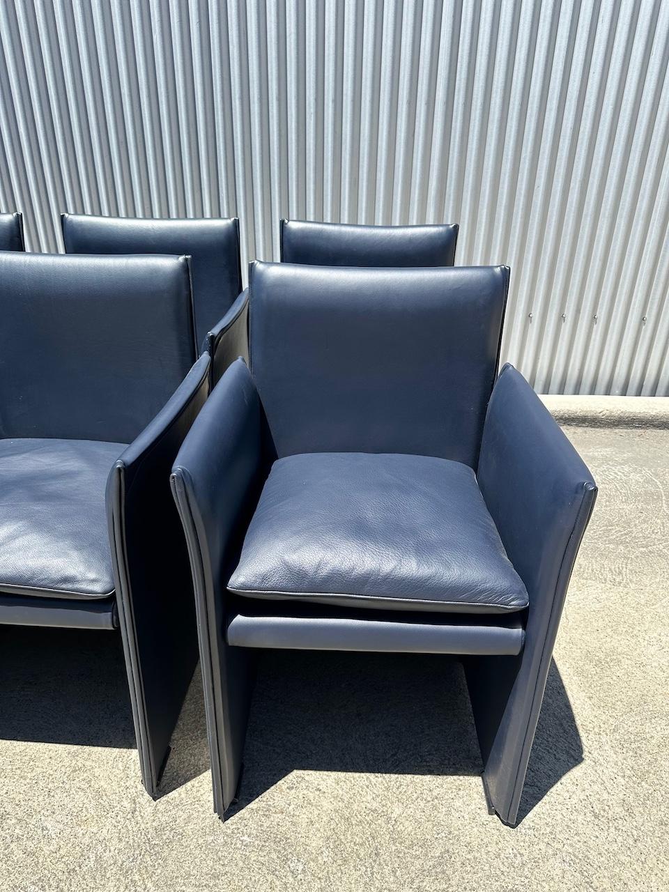 Modern Set of Eight Midnight Blue Leather Break Chairs by Mario Bellini for Cassina For Sale