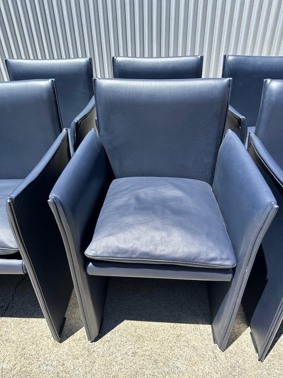 Italian Set of Eight Midnight Blue Leather Break Chairs by Mario Bellini for Cassina For Sale