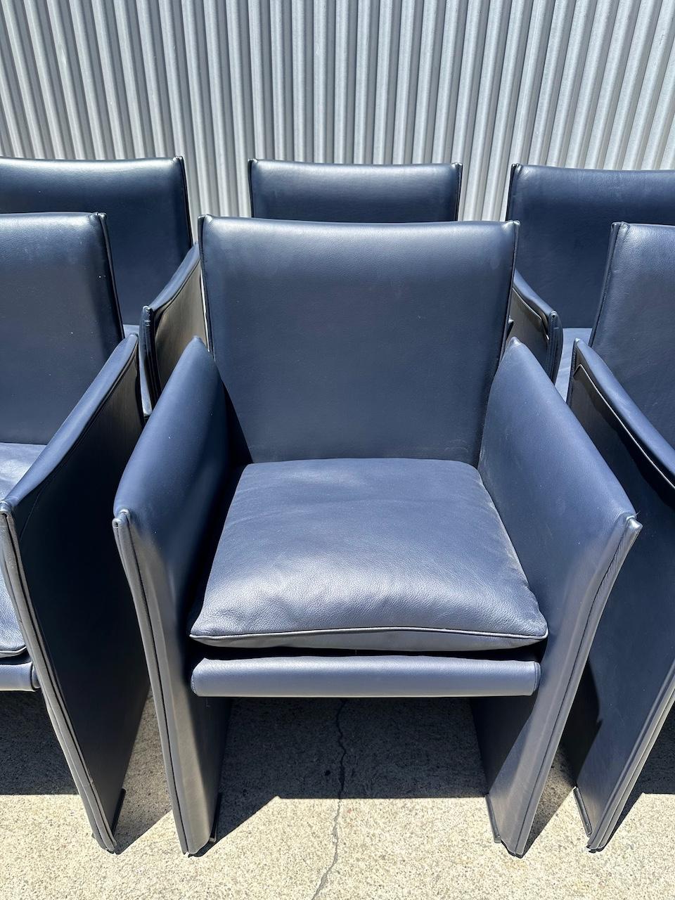 Set of Eight Midnight Blue Leather Break Chairs by Mario Bellini for Cassina In Excellent Condition For Sale In Danville, CA