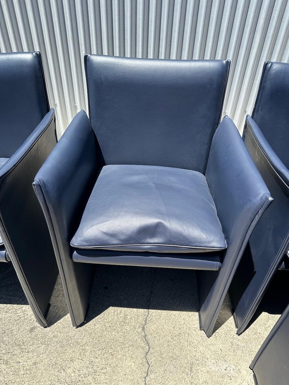 Set of Eight Midnight Blue Leather Break Chairs by Mario Bellini for Cassina For Sale 1