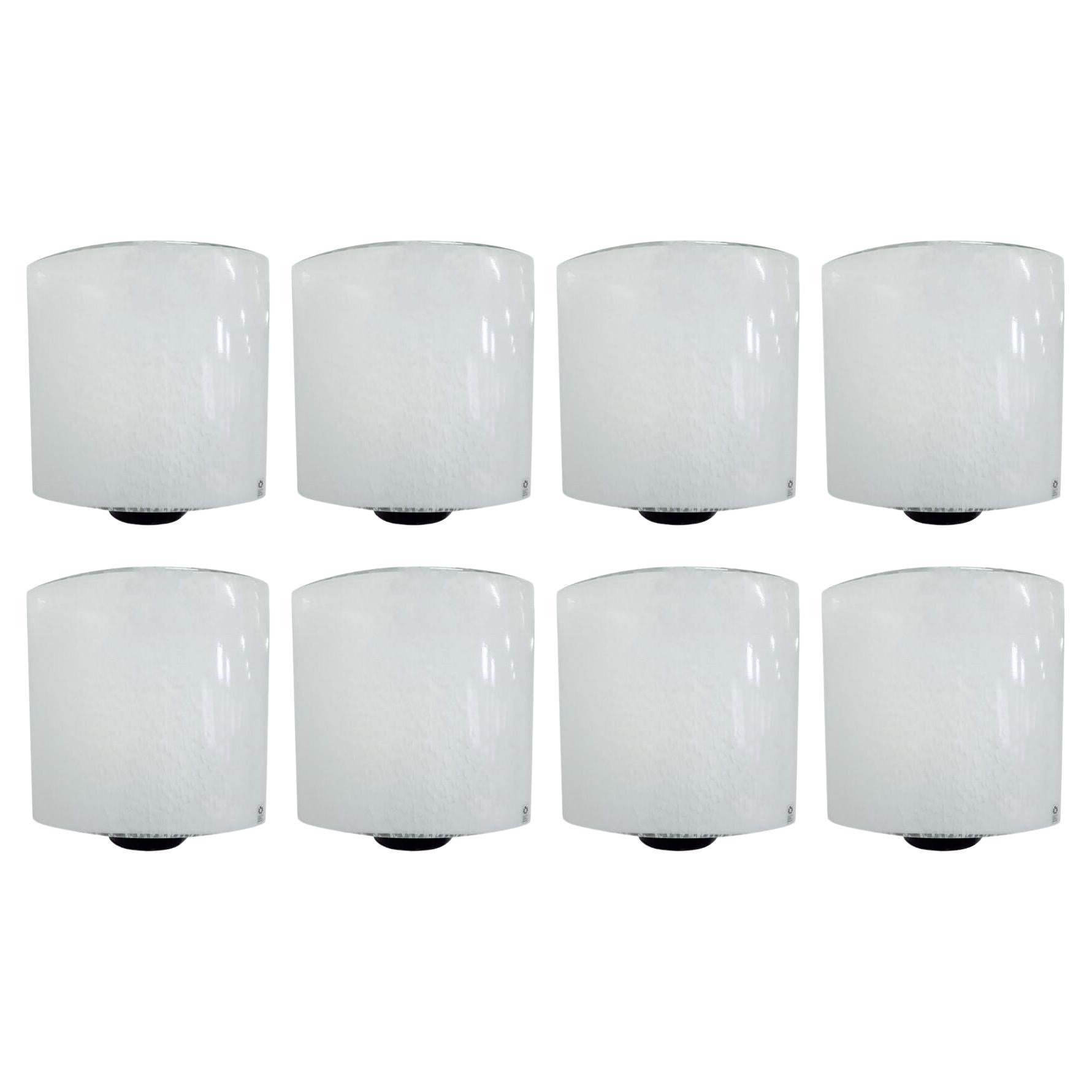Set of Eight Milky White Murano Glass Sconces by Leucos. Italy, 1960's.