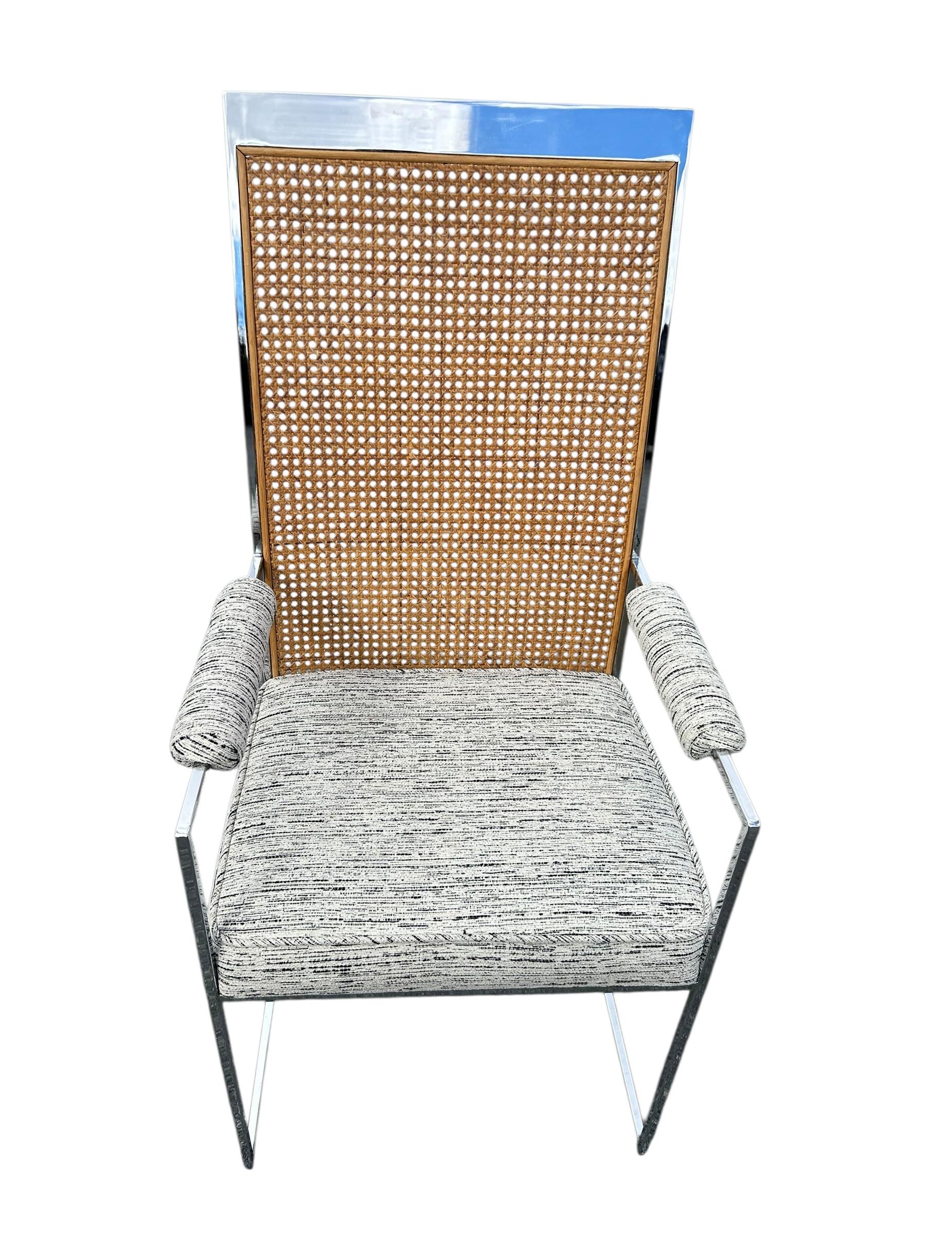 Tessuto Set di otto sedie da pranzo in cromo e canna di Milo Baughman per Thayer Coggin in vendita
