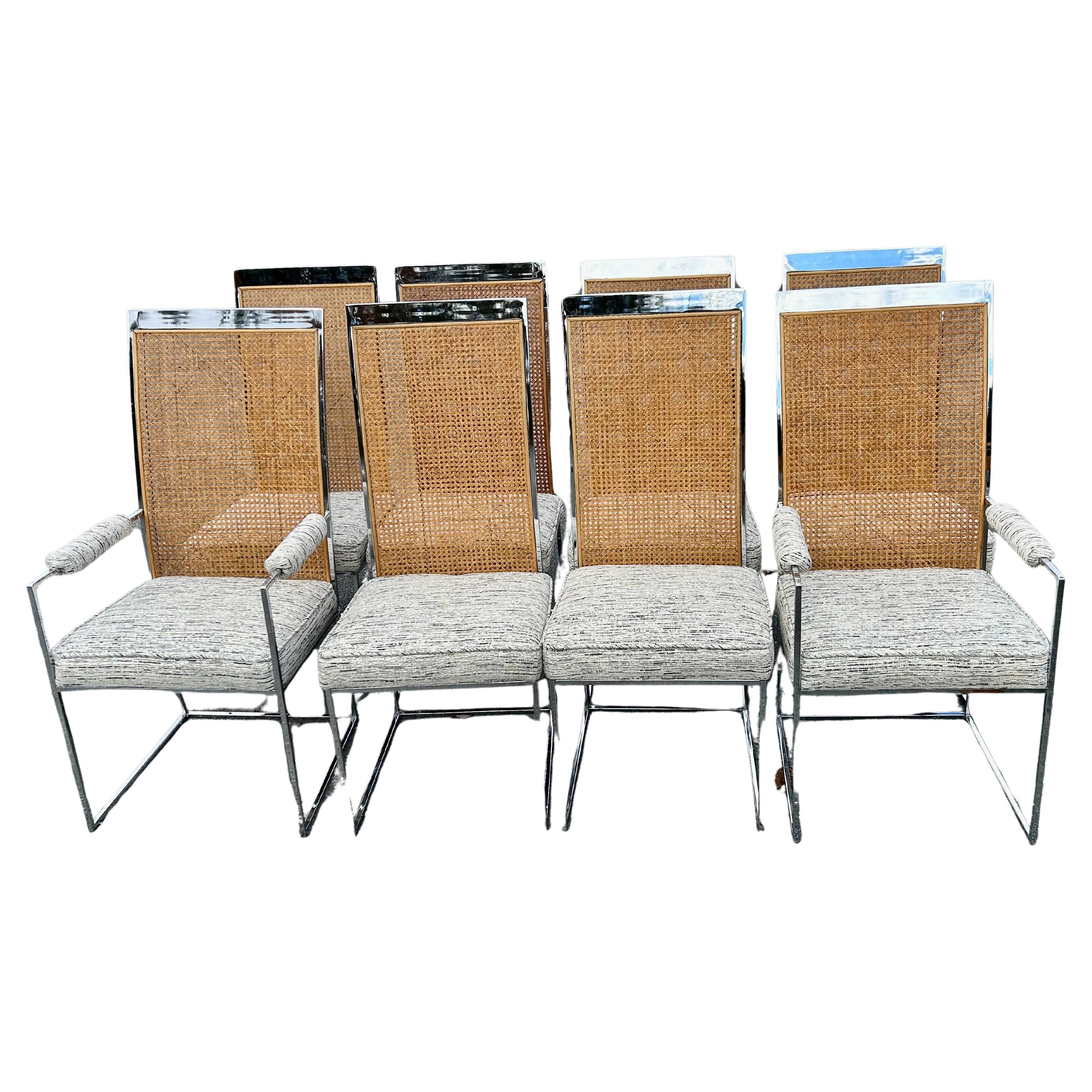 Set di otto sedie da pranzo in cromo e canna di Milo Baughman per Thayer Coggin