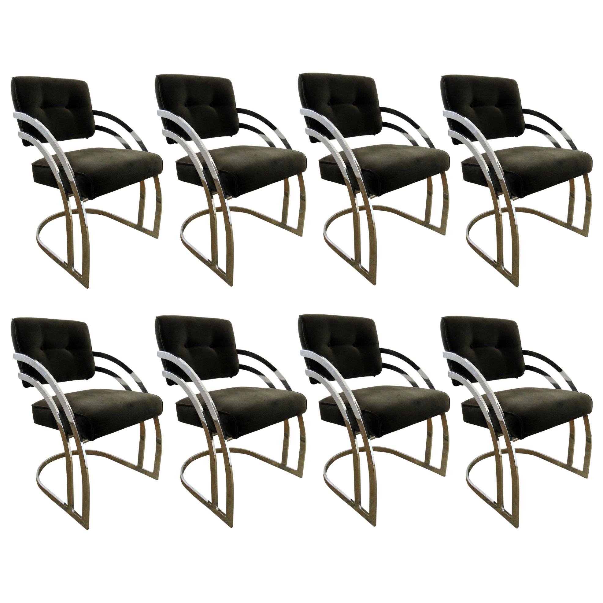 Set of Eight Milo Baughman Style Black Velvet and Chrome Dining Chairs