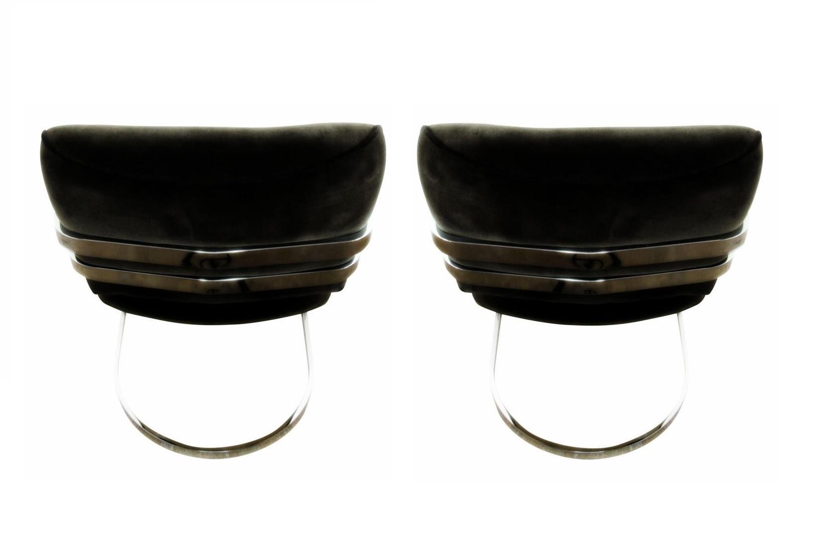Late 20th Century Set of Eight Milo Baughman Style Black Velvet and Chrome Dining Chairs For Sale