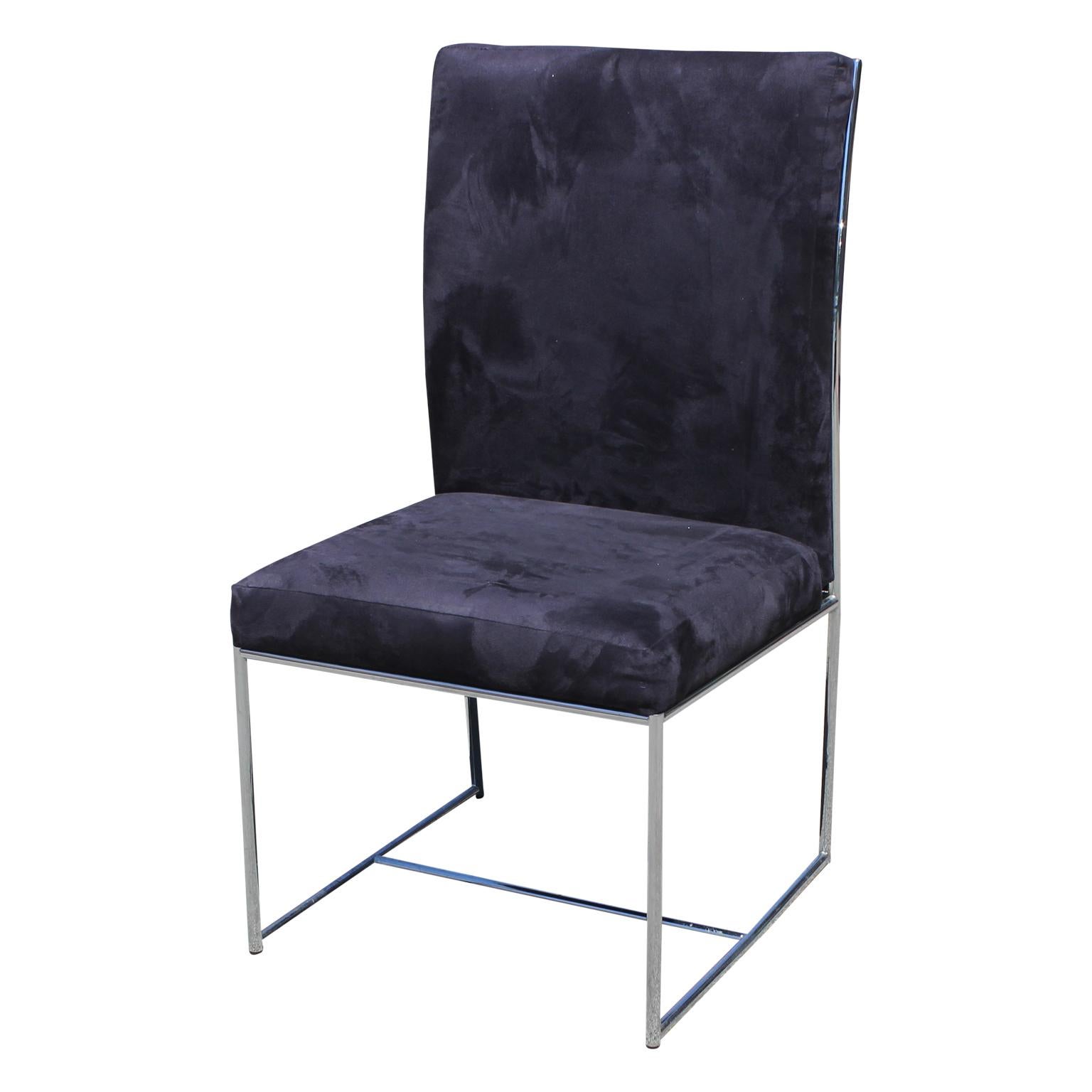 Beautiful set of eight ultra suede and chrome dining chairs by Milo Baughman. They will be a stunning accent to any table.
