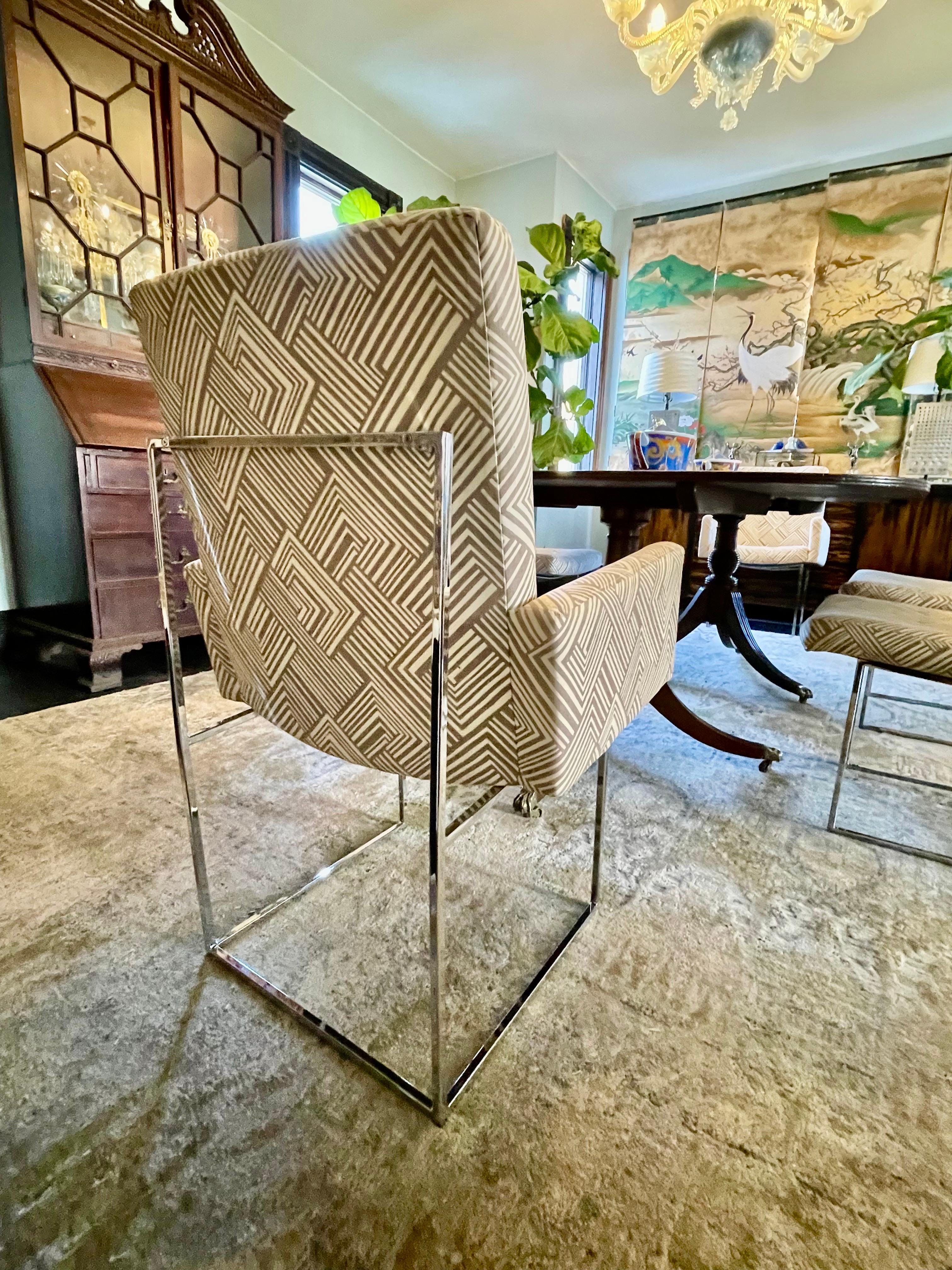 From an elegant Connecticut Estate this Set of Six Milo Baughman Thin Frame Chairs are in a mirrored Chrome finish. 
They were used on a carpet and well cared for and they retain their original 1978 fabric. Underneath the chairs are the order labels