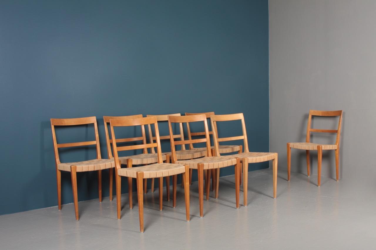 Set of eight side chairs in beech with original hemp webbing. Designed by Bruno Mathsson and made by Karl Mathsson, in 1965. Great original condition

Bruno Mathsson was born to cabinet making. His father, Karl Mathsson was the fifth generation in