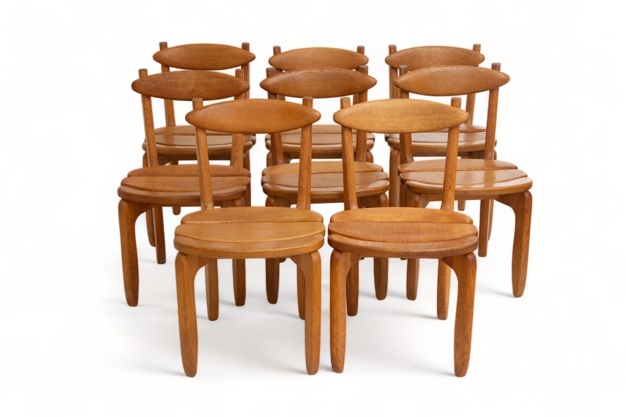 Mid-20th Century Set of Eight Mid-Century Modern Oak Dining Chairs by Guillerme et Chambron For Sale