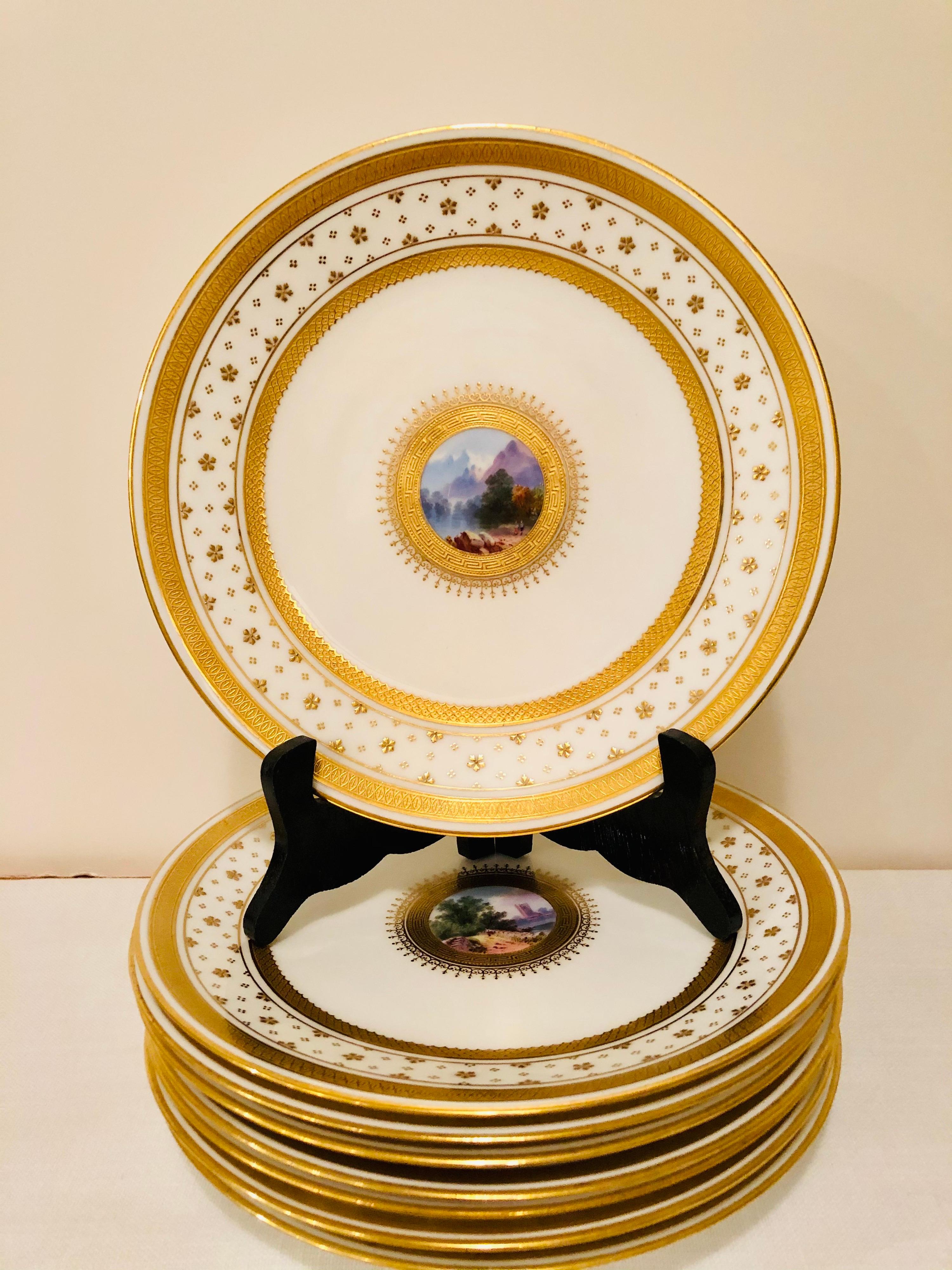 Rococo Set of Eight Minton Plates Each Beautifully Hand Painted With a Different Scene For Sale