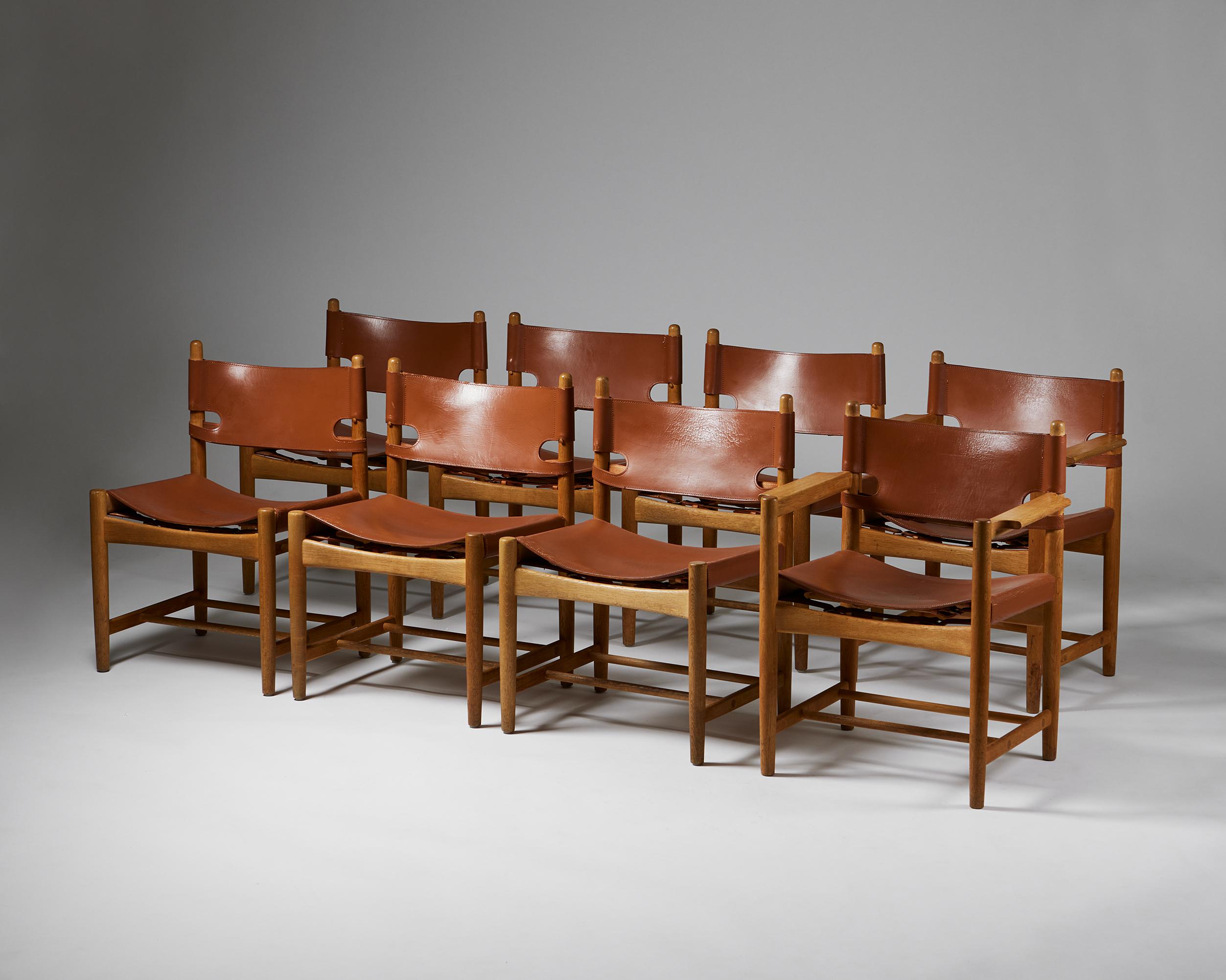 Set of eight model 3238 “Spanish” dining chairs designed by Borge Mogensen for Fredericia Stolefabrik,
Denmark. 1950s.
Oak and leather.

Measures: H: 48 cm / 1' 7