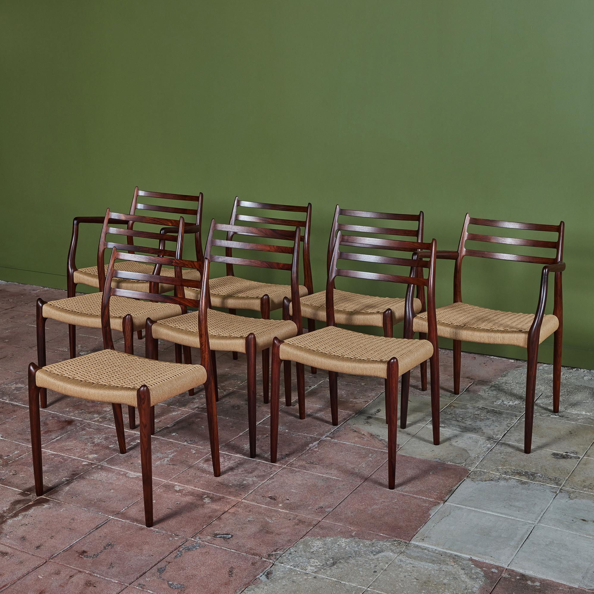 Danois Ensemble de huit chaises de salle à manger modèle 78 en palissandre par N.O. Møller en vente