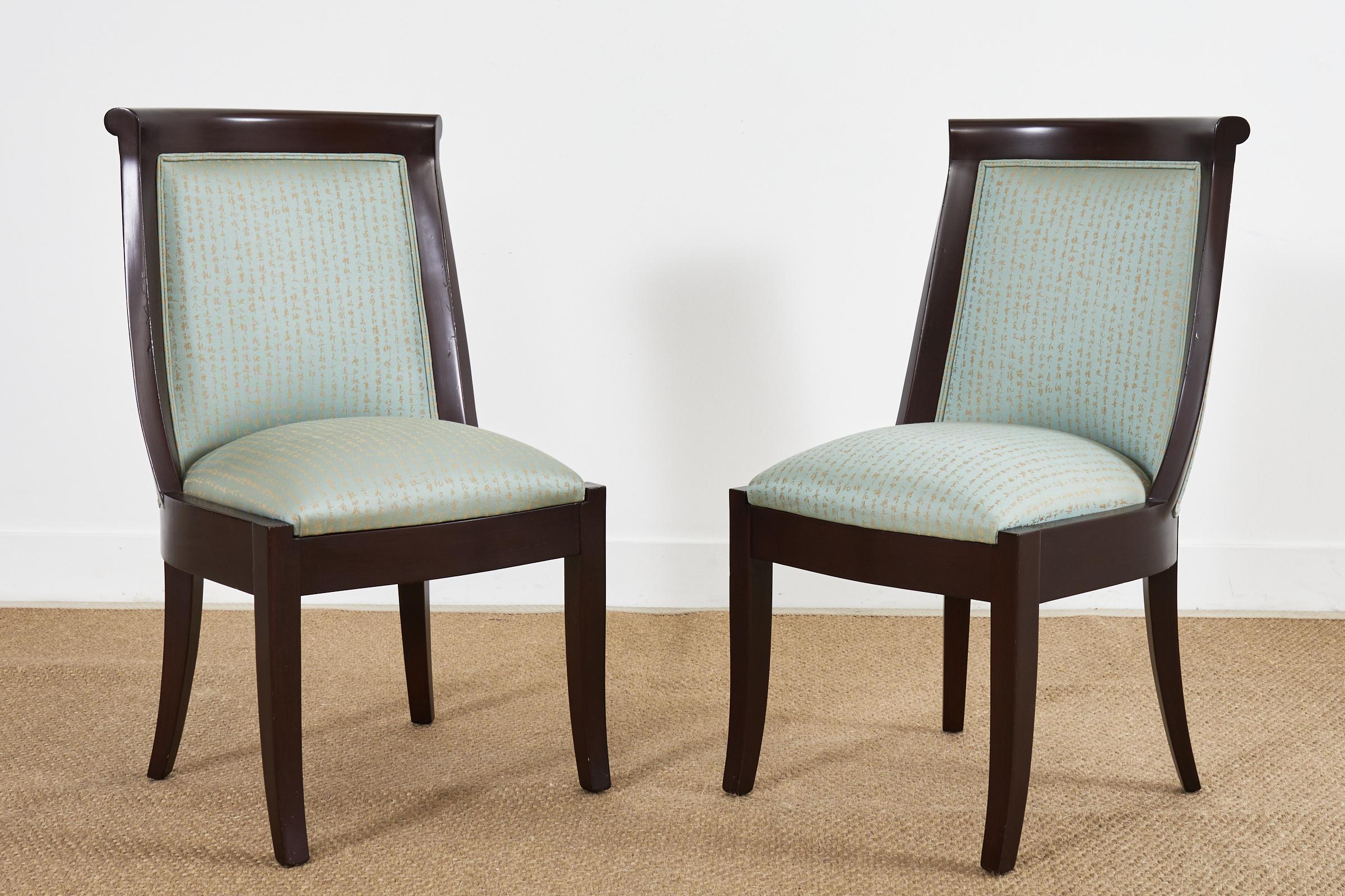 Fabric Set of Eight Modern Regency Style Hardwood Dining Chairs For Sale