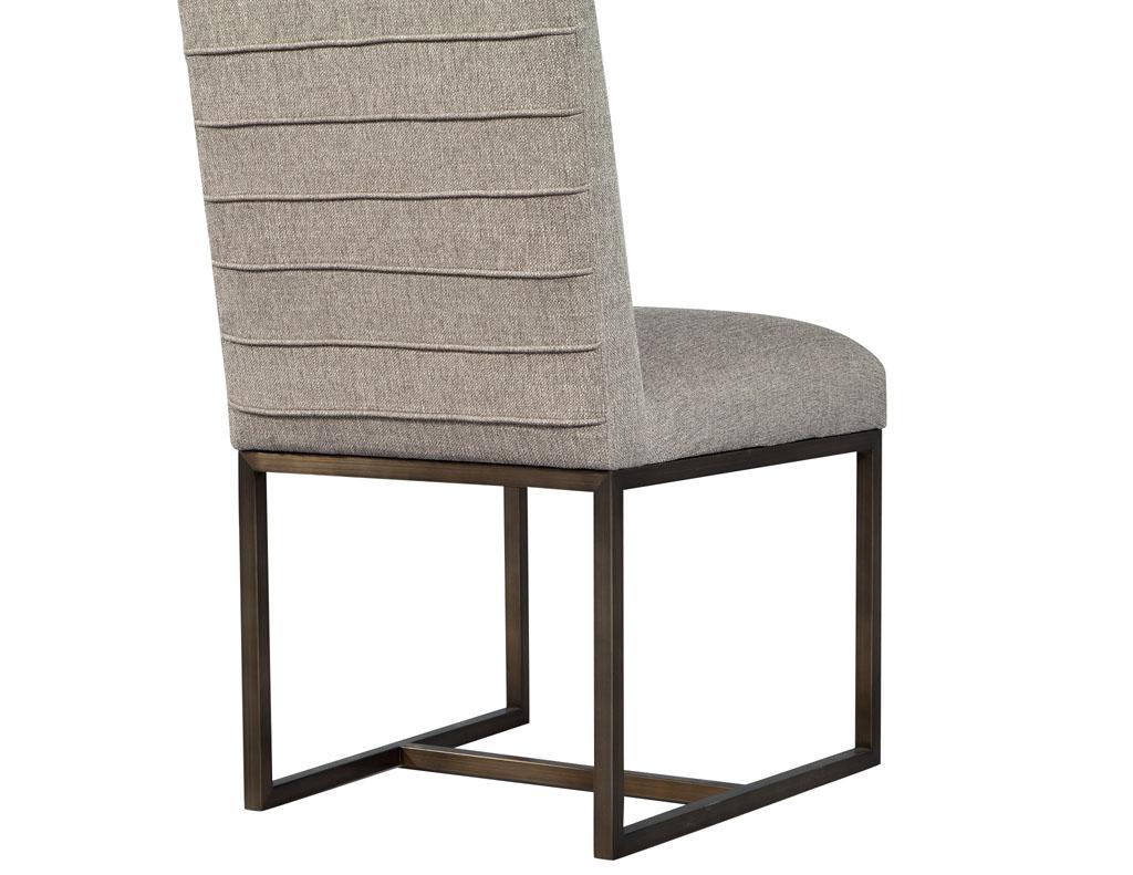Set of Eight Modern Upholstered Dining Chairs with Brass Accents 7