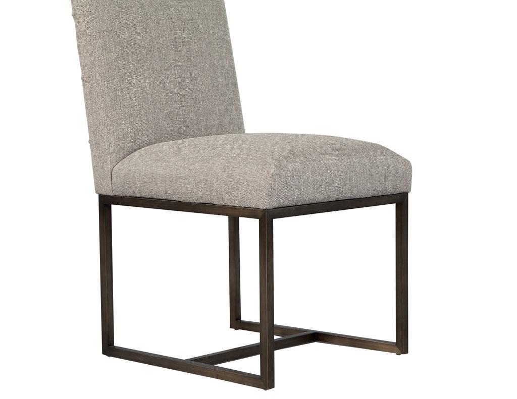Set of Eight Modern Upholstered Dining Chairs with Brass Accents 8