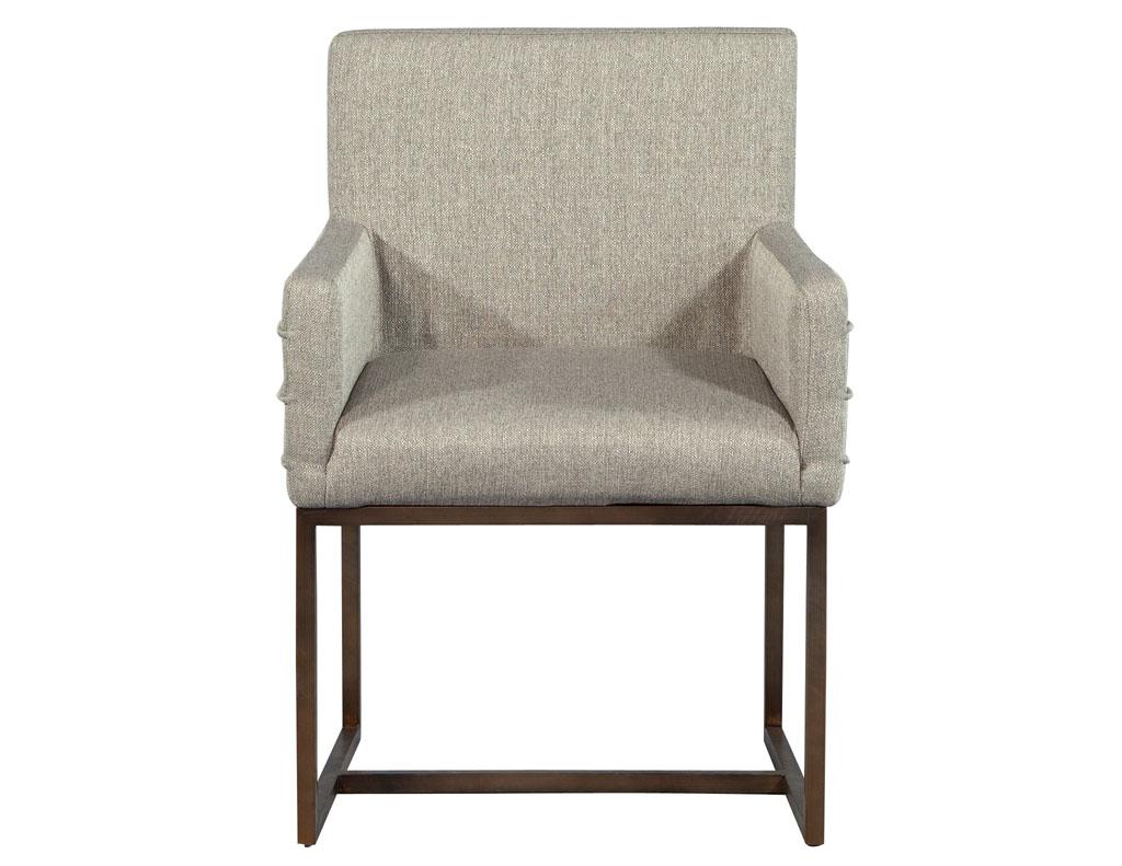 Set of Eight Modern Upholstered Dining Chairs with Brass Accents 2