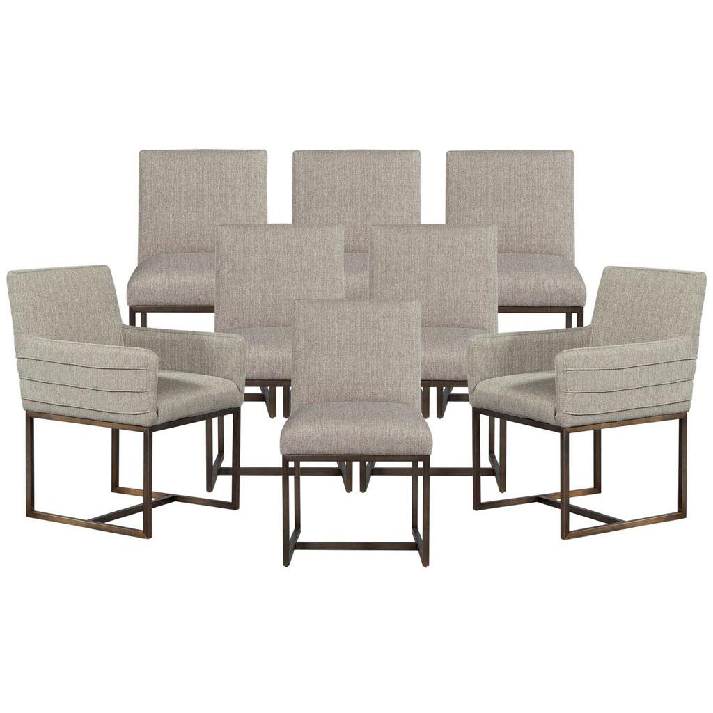 Set of Eight Modern Upholstered Dining Chairs with Brass Accents