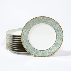 Set of Eight Modernist Turquoise Shagreen & 24kt Gold Dinner Plates by Puiforcat