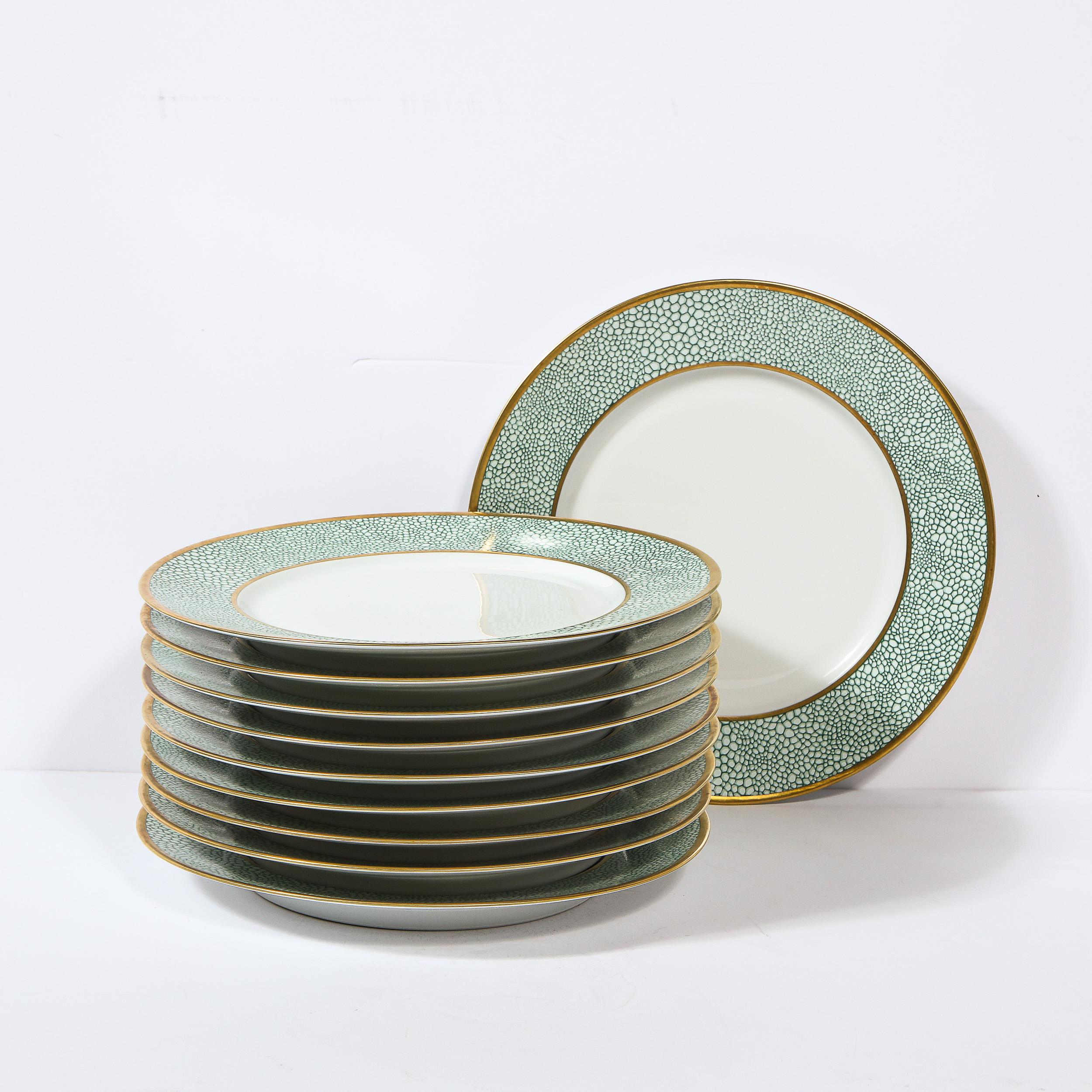 French Set of Eight Modernist Turquoise Shagreen & 24kt Gold Dinner Plates by Puiforcat