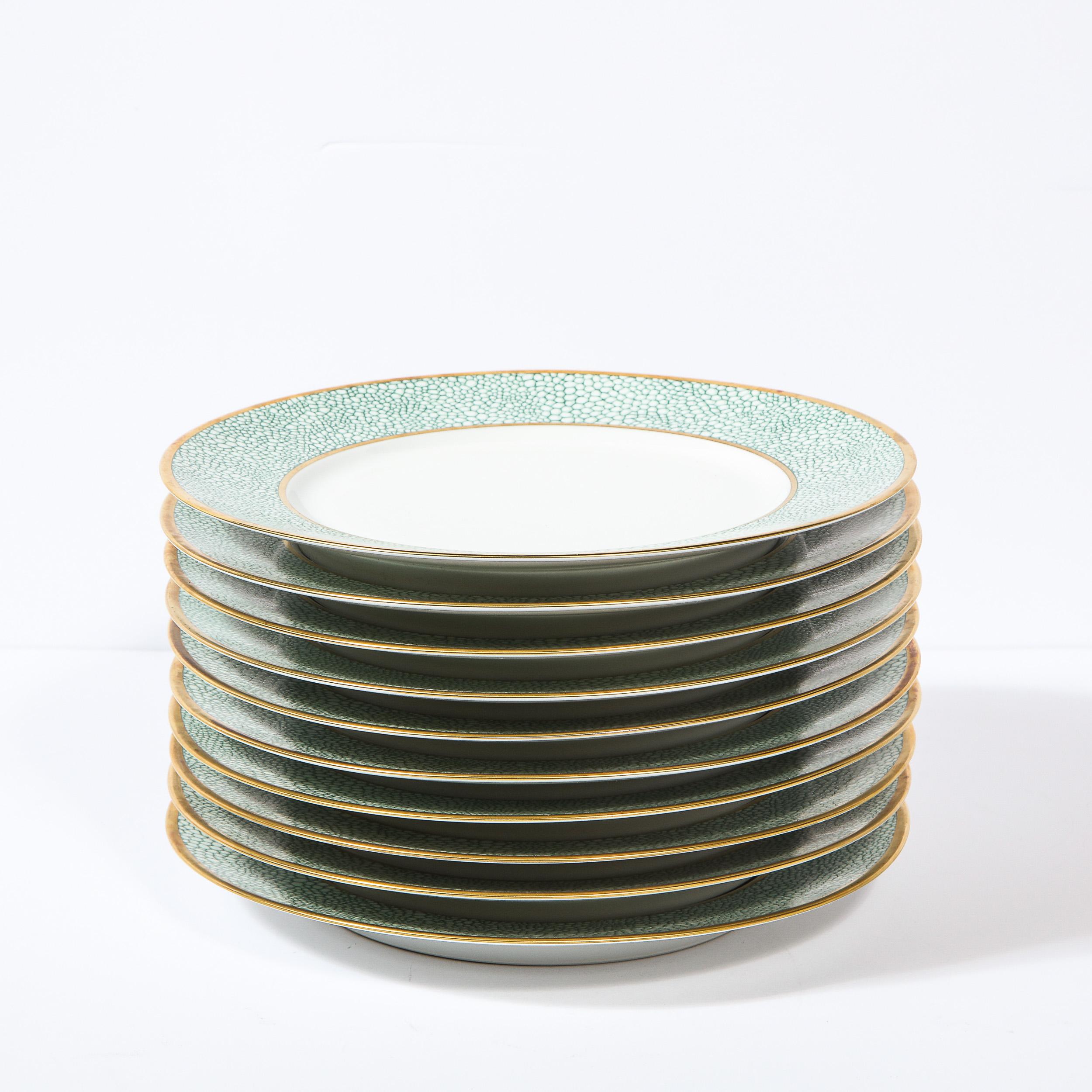 Set of Eight Modernist Turquoise Shagreen & 24kt Gold Dinner Plates by Puiforcat 4