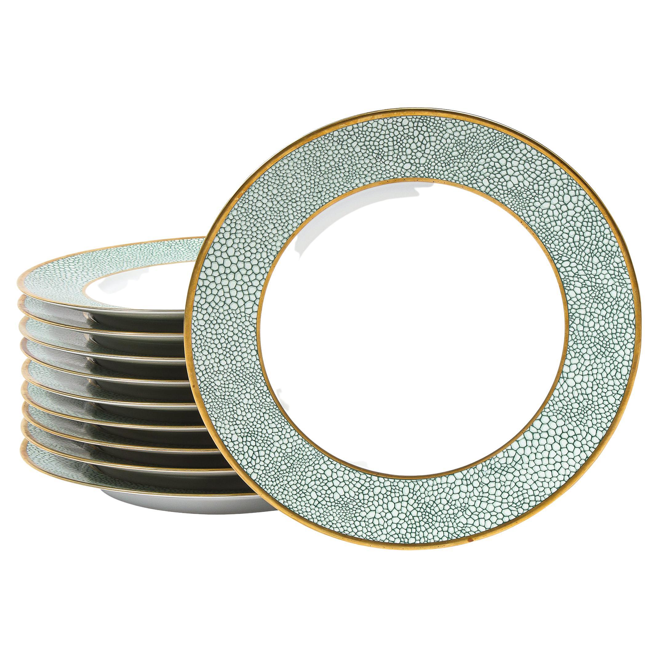 Set of Eight Modernist Turquoise Shagreen & 24kt Gold Dinner Plates by Puiforcat