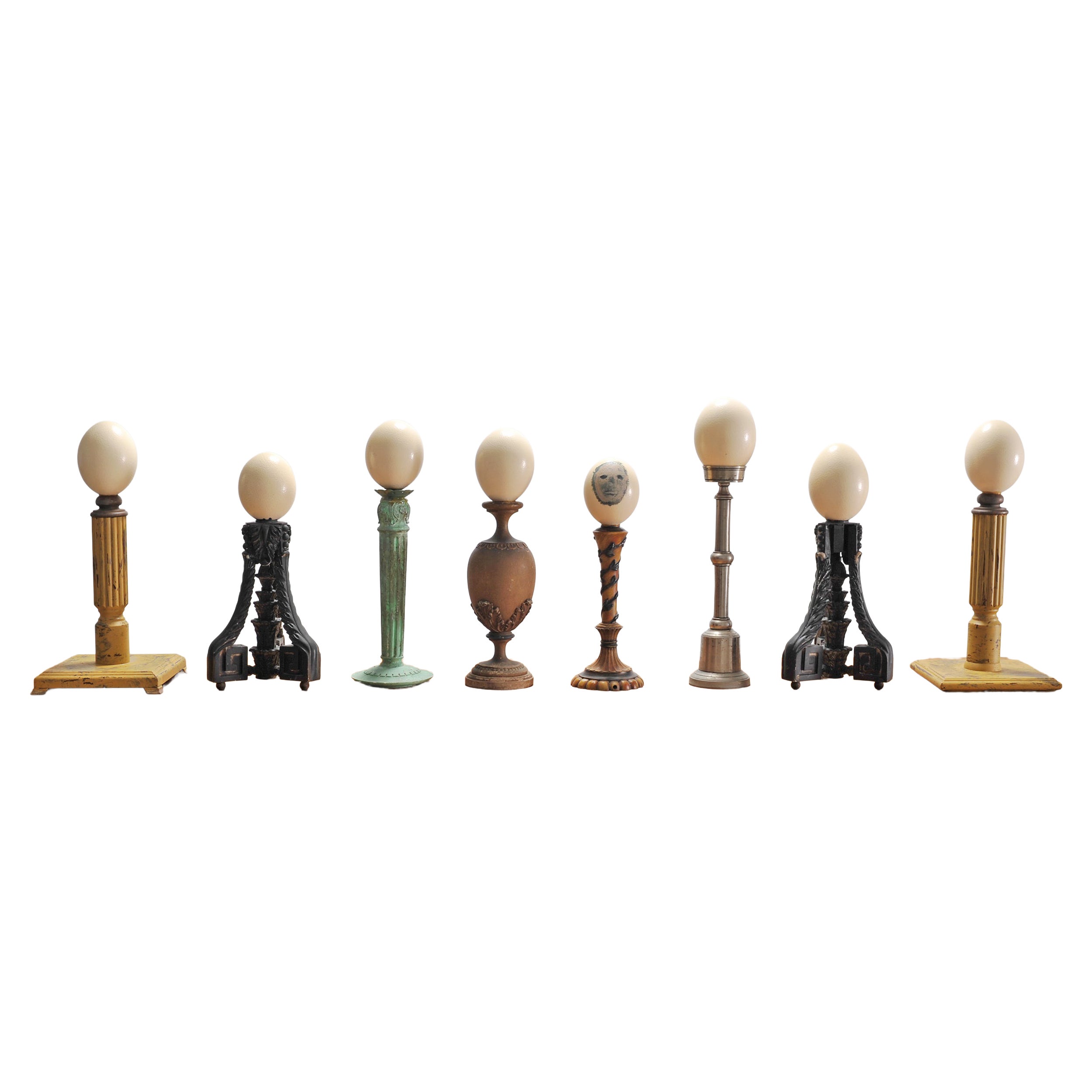 Set of Eight Mounted Ostrich Egg Finials by Artist Ira Yeager For Sale