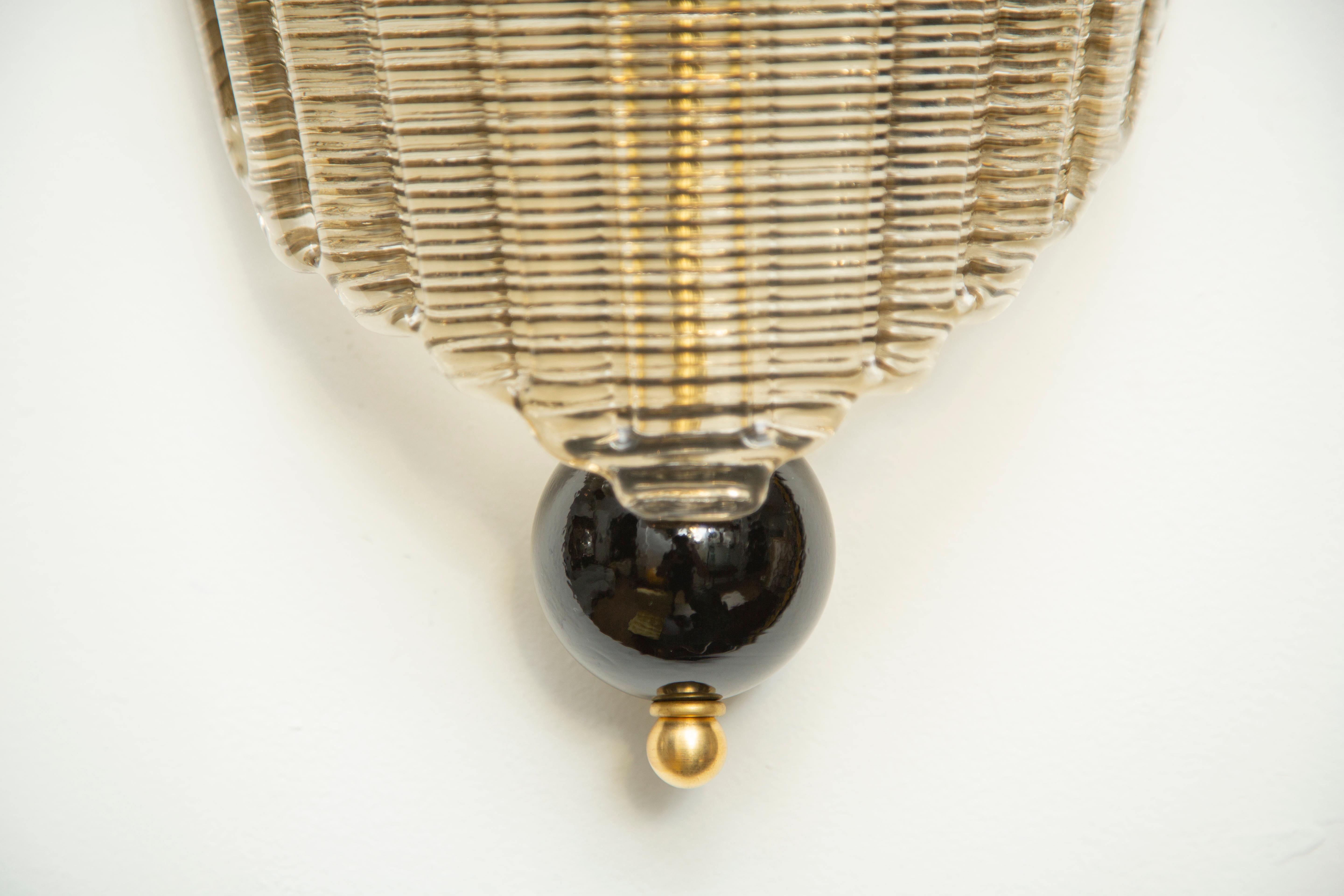 Brass Set of Eight Murano Glass Wall Sconces, Art Deco Style, in Stock For Sale