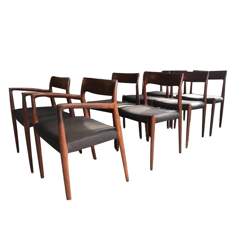 Set of Eight Neils Møller Dining Chairs with Leather Seats