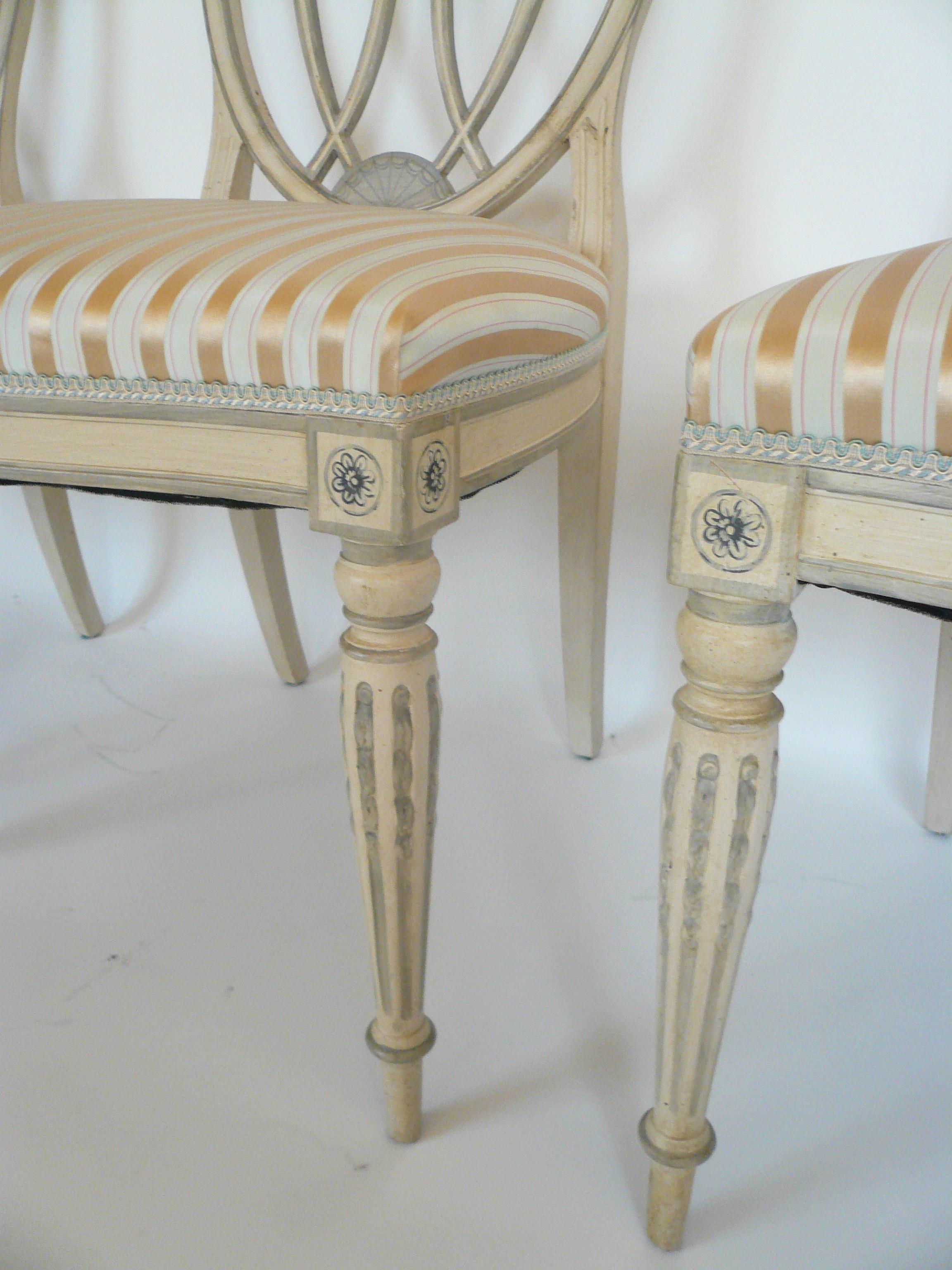 This finely painted set of 8 chairs consists of six side, and two armchairs and are upholstered in a Scalamandre silk stripe.
They feature Classically inspired painted landscapes and Robert Adam style motifs.
