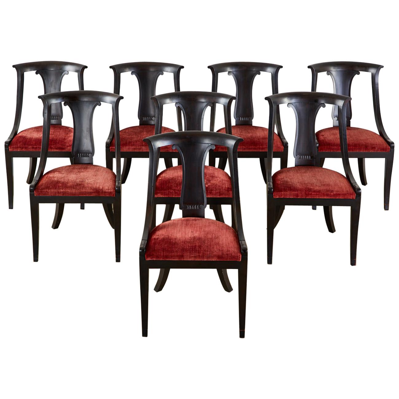 Set of Eight Neoclassical Directoire Style Ebonized Dining Chairs