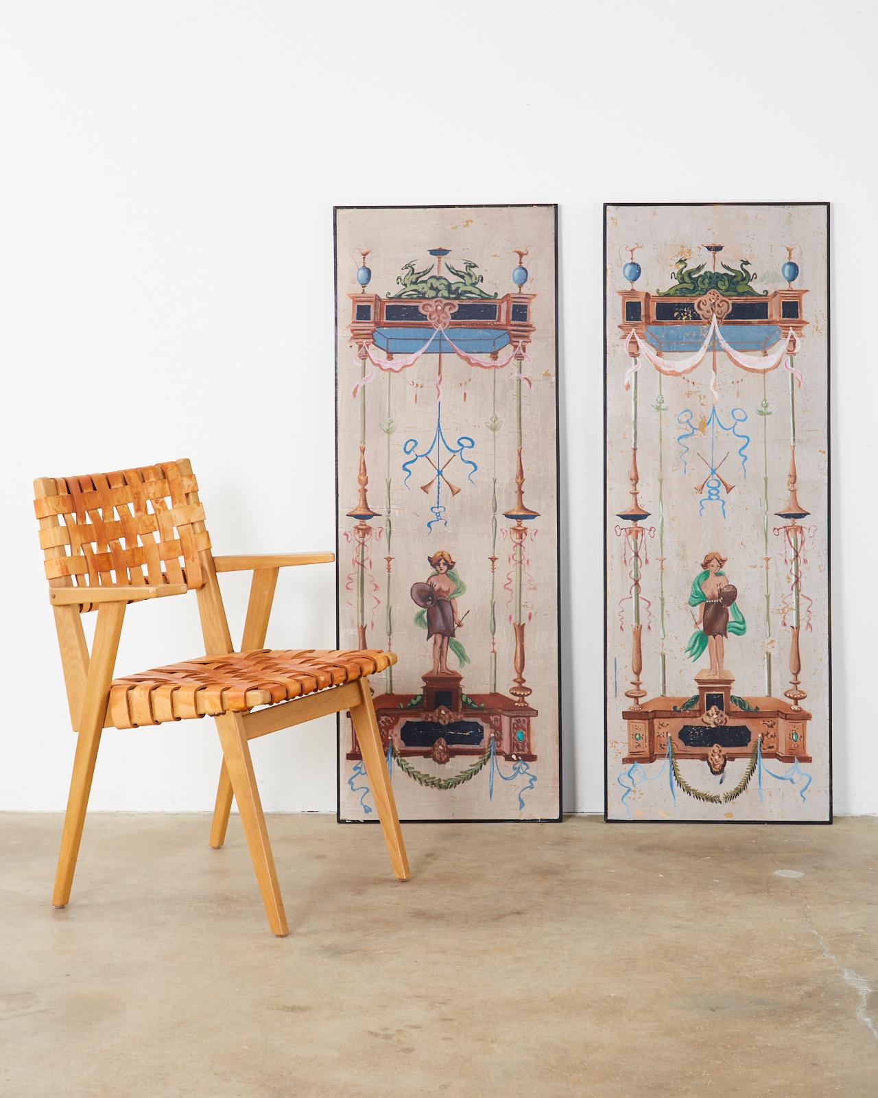 Impressive set of eight hand painted grotesques or wallpaper panels made in the neoclassical Pompeian style. Oil on paper paintings mounted to wood and Masonite panels with an ebonized wood frame. Made in Italy with a beautiful intentionally